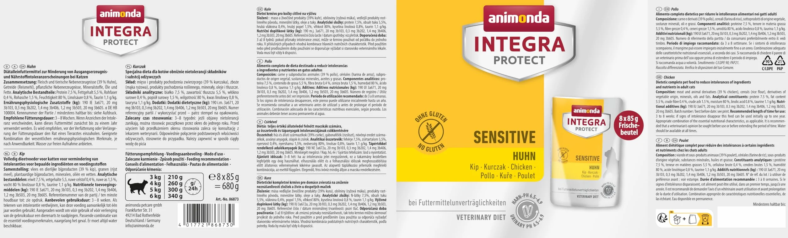 INTEGRA PROTECT karma dla kotów mokra Sensitive Kura (8 x 85 g), zalecana przez weterynarza w przypadku kamieni moczowych, opracowana przez weterynarzy karma uzupełniająca dla dorosłych kotów firmy