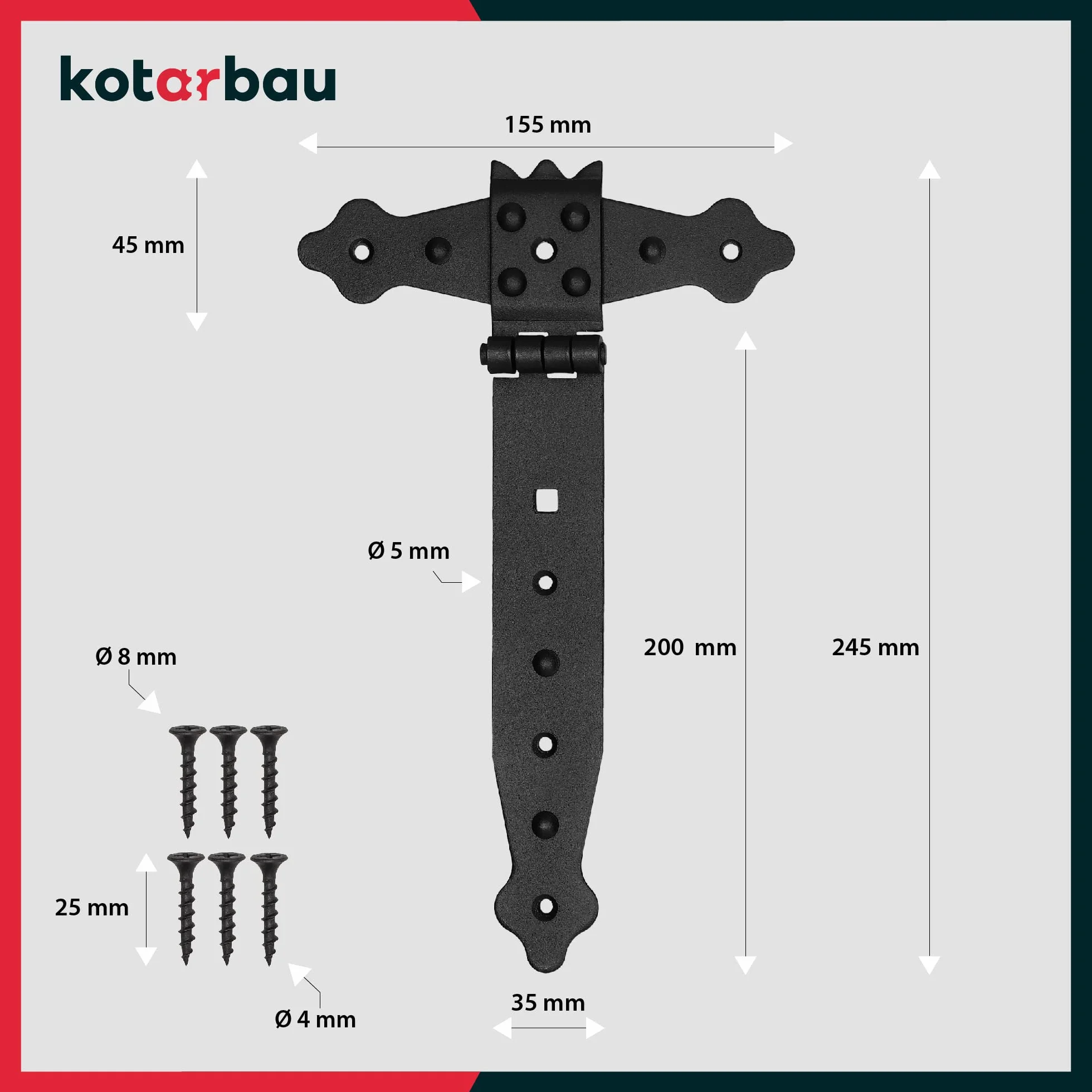 KOTARBAU® Zawias Krzyżowy Czarna Tasma Plyta Okucie Bramy Drewniane Połączenie Wiszące Malowane Proszkowo Zawias Drzwiowy Zewnętrzny Zawiasy Bramy Zawiasy Bramy 200 mm