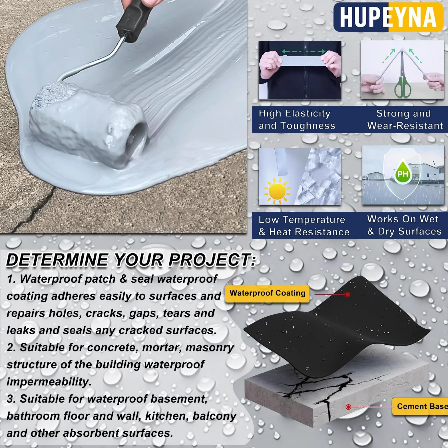 Hose Wodoodporny uszczelniacz w płynie, wodoodporna powłoka Hupeyna Patch & Seal, wielopowierzchniowa naprawa przecieków wewnątrz i na zewnątrz, powłoka gumowa Cloud Grey