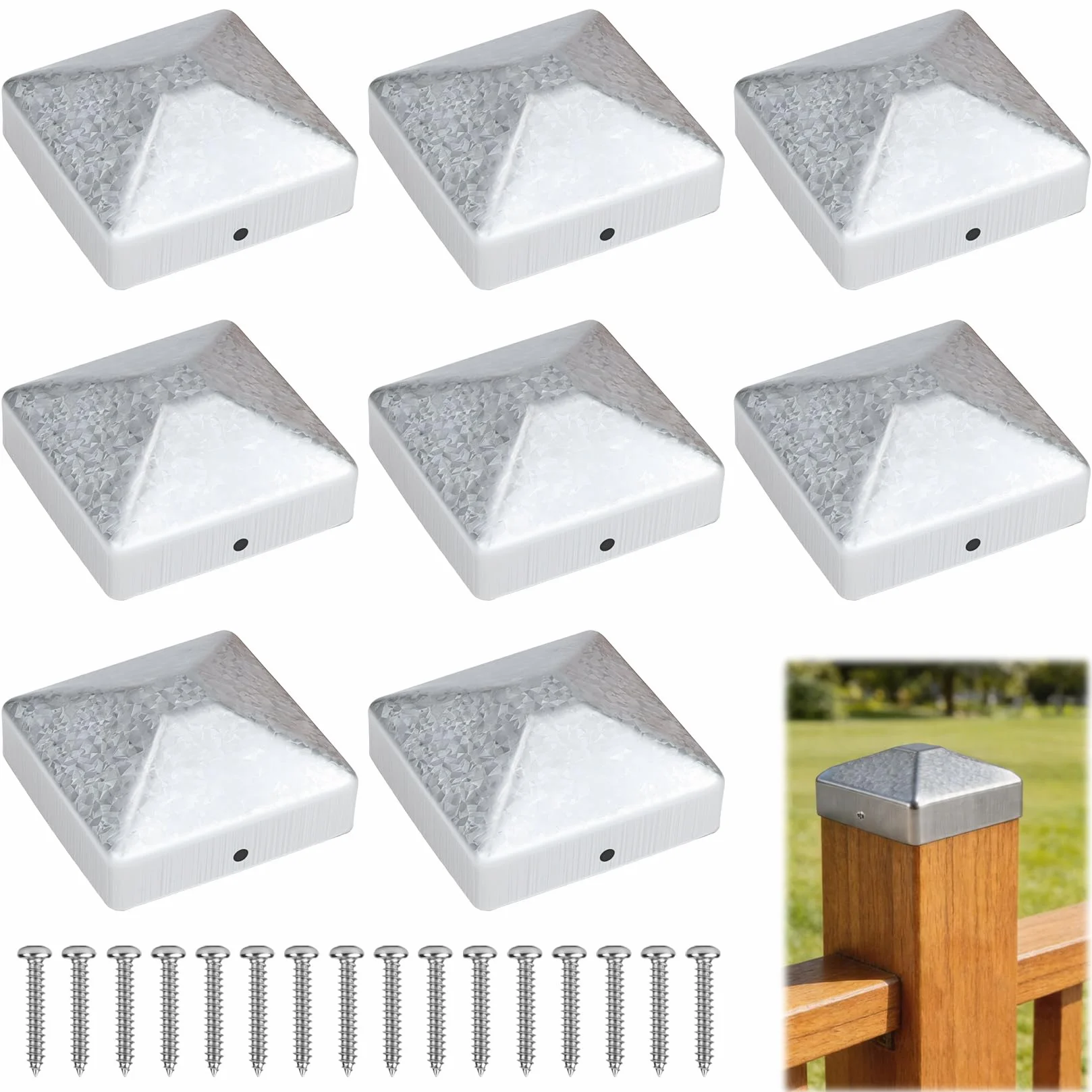 8 szt. Zaślepki na Słupki 7x7cm, Nakładki na Słupki Ogrodzeniowe, Osłony na Drewniane Słupki 7x7cm, Metalowe Osłony, Kwadratowe Kapy na Słupki, z 16 Śrubami