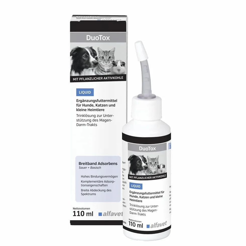 Alfavet DuoTox Liquid - ostra, suplement diety z węglem roślinnym i bentonitem, do wspomagania przewodu pokarmowego psów, kotów, małych zwierząt domowych, z nakładką aplikacyjną 110 ml