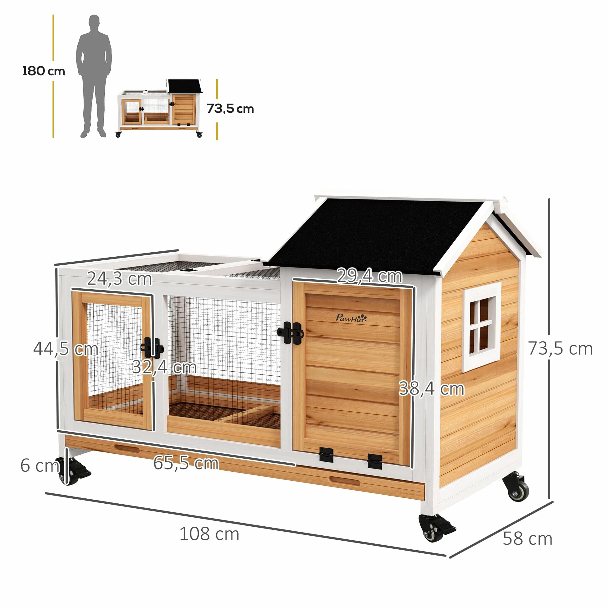 PawHut Kurnik dla królików karłowatych 108 x 58 x 73,5 cm Klatka dla małych zwierząt z wybiegiem