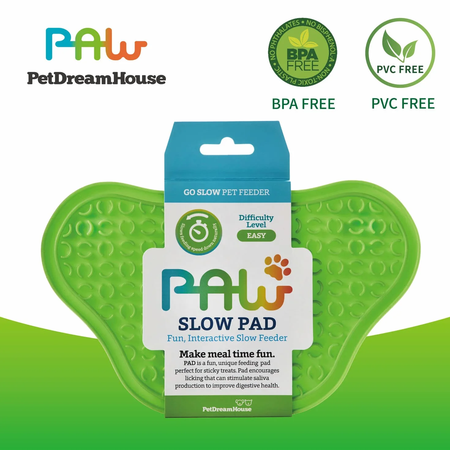 PetDreamHouse PAW Slow Lick Pad – antypoślizgowa mata do lizania dla psów i kotów, łagodząca niepokój, trwała TPE, uchwyt z przyssawką, nadaje się do mycia w zmywarce, zielona
