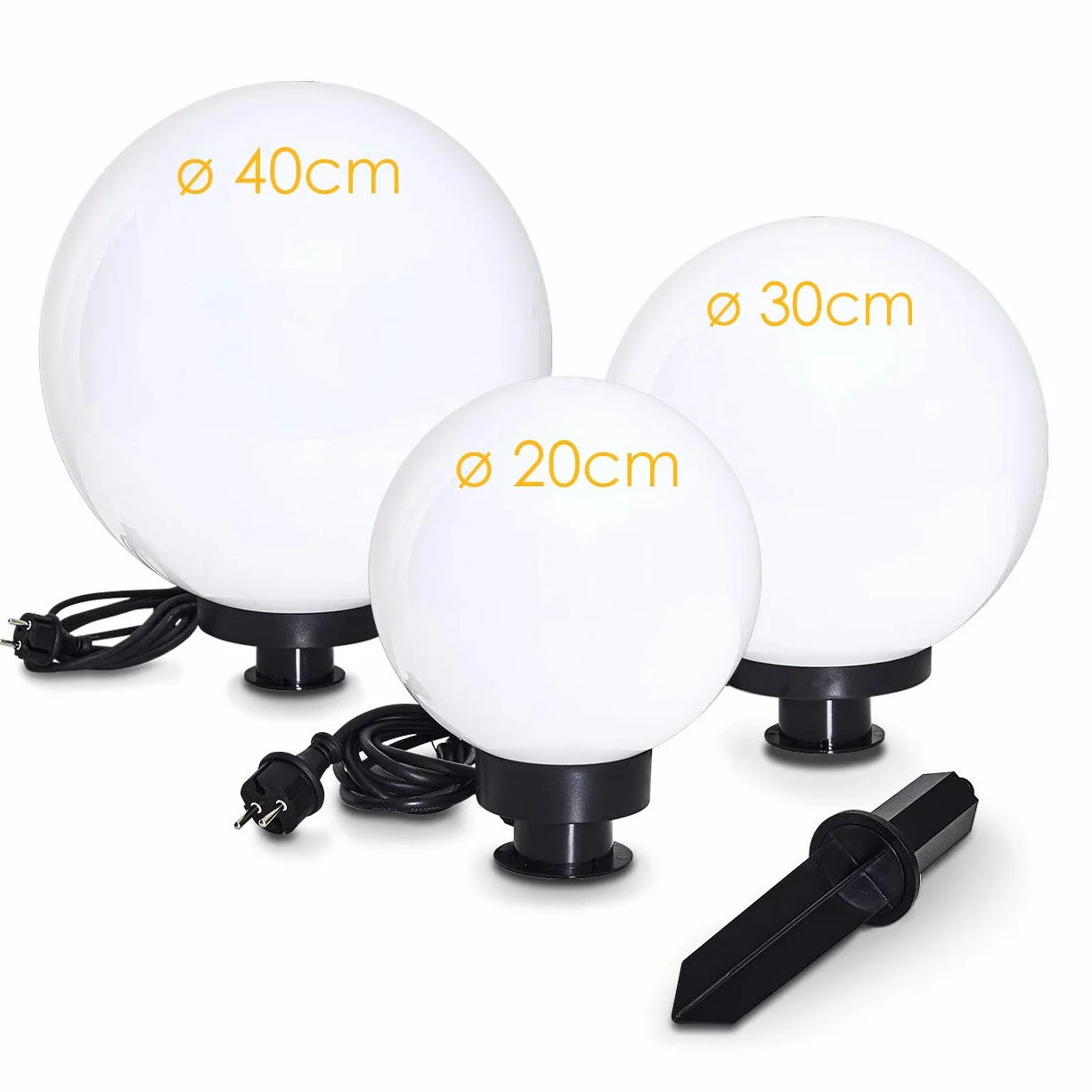 Lampa stojąca Miau, zestaw 3 lamp, lampy zewnętrzne z białego tworzywa sztucznego Ø20, 30 i 40cm, kule świetlne z oprawą E27, lampy stojące z 5-metrowym kablem zasilającym, bez żarówek
