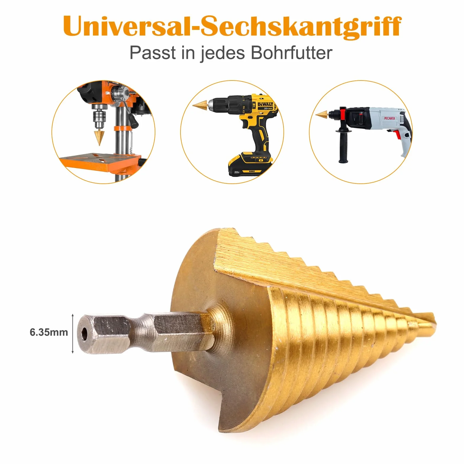 HSS zestaw wierteł stopniowych, 6 szt. z rowkiem spiralnym, 5-częściowy zestaw wierteł stożkowych (4-12 mm/3-13 mm/4-20 mm/4-32 mm/5-35 mm) i 1 automatyczny stempel centralny 13 cm, powlekane