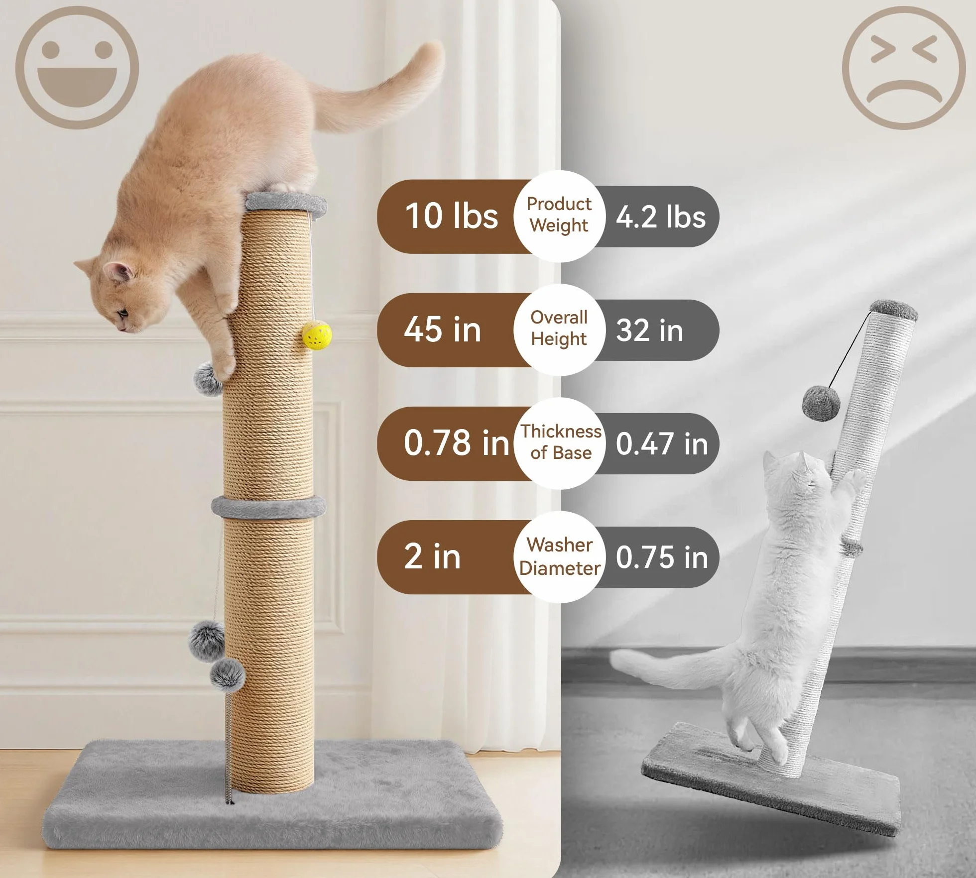 Drapak sizalowy, 91 cm, wysoka wieża do drapania z górną platformą i bardzo stabilnym cokołem (53 × 40 cm), wytrzymały drapak dla kotów mieszkalnych, szary