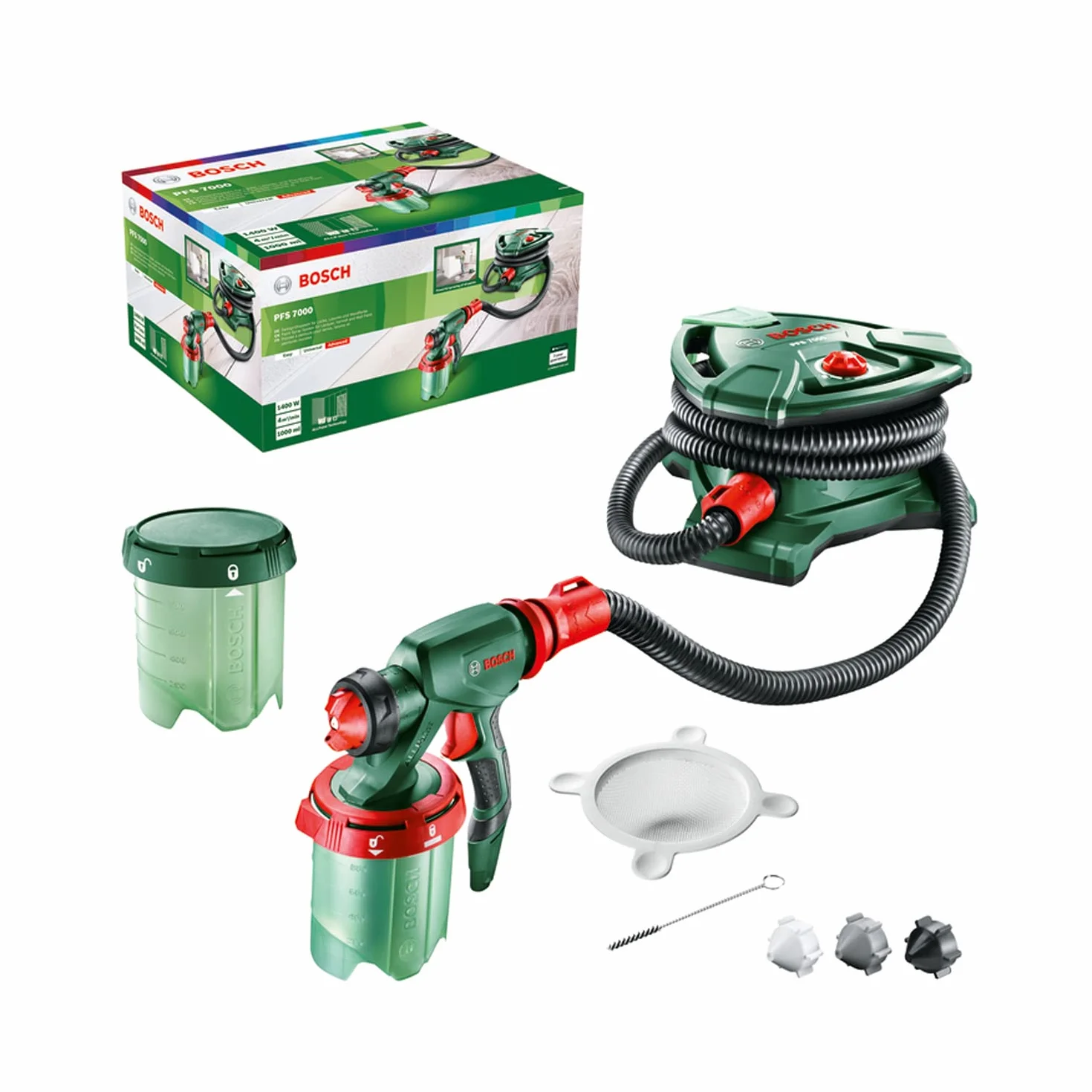 Bosch PFS 7000 System Malowania Natryskowego 1400 W, 2 Pojemniki 1000 ml, 3 Dysze, Filtr, Szczotka