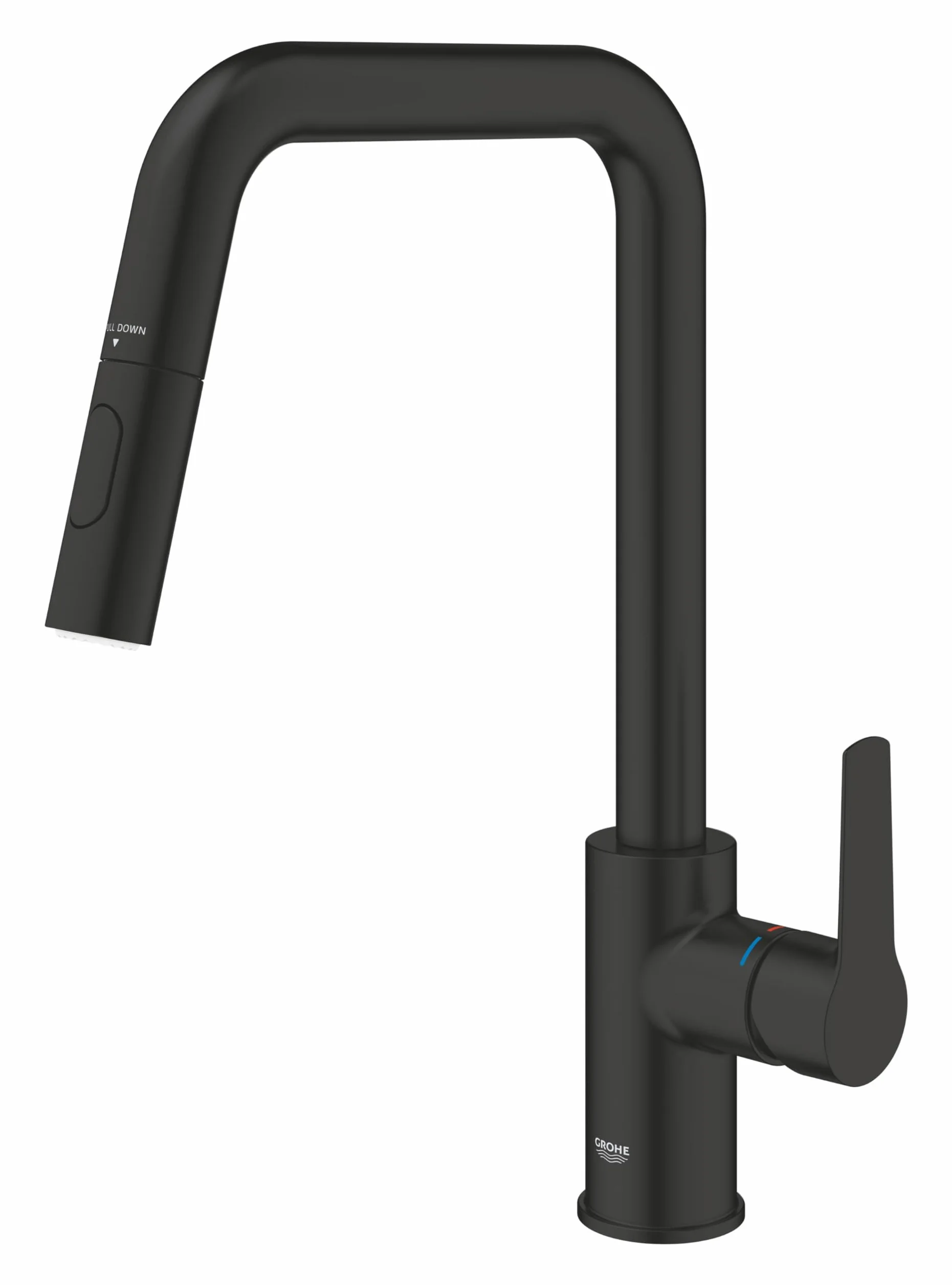 GROHE Start QuickFix – wyciągana bateria kuchenna z podwójnym natryskiem (wysoka wylewka U, obszar obrotu 360°, wkład ceramiczny 28 mm, ogony 3/8 cala), łatwy montaż dzięki GROHE QuickMount, czarny