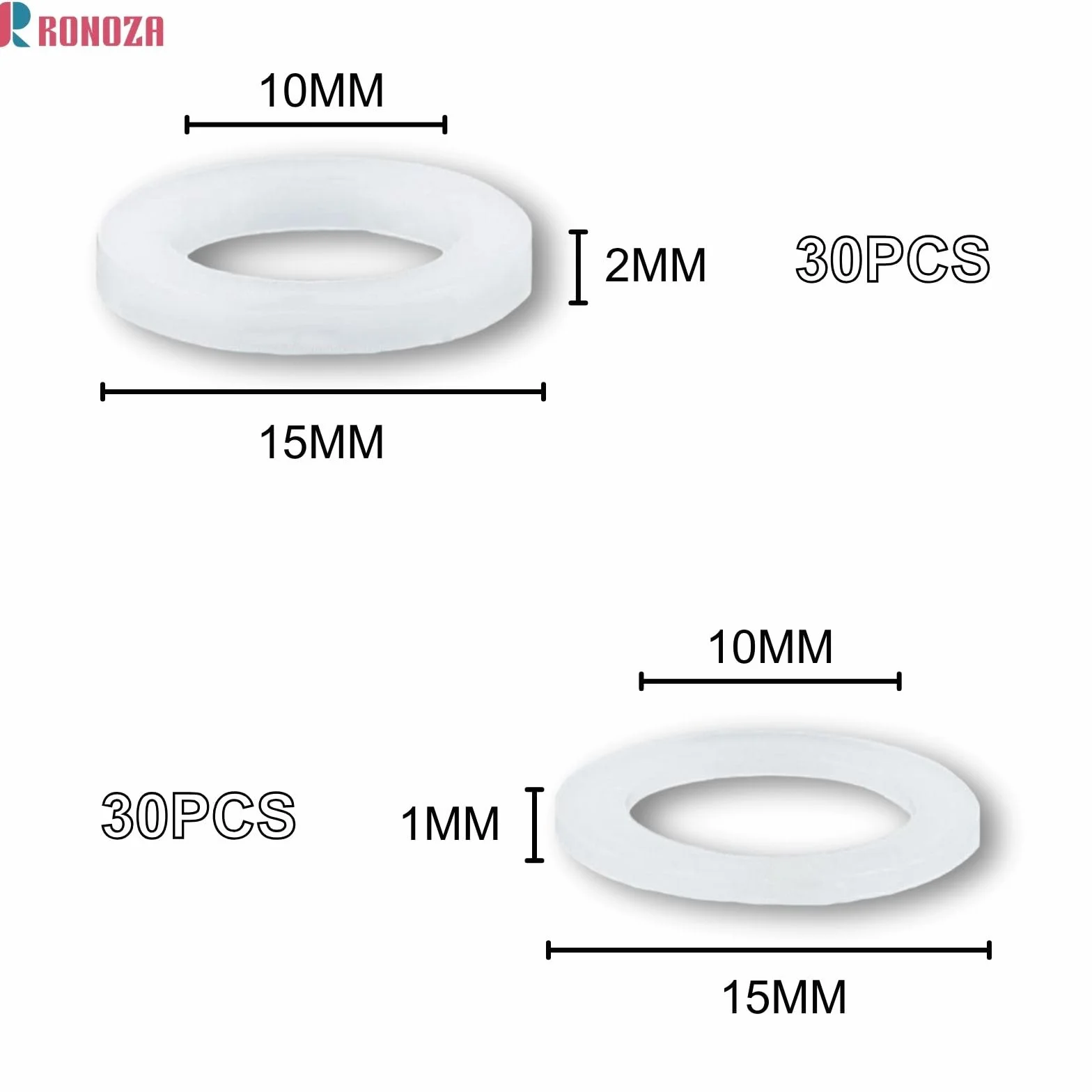 Ronoza 60 sztuk pierścieni mocujących do drzwi pokojowych, podkładek, zawiasów drzwiowych, z tworzywa sztucznego, 10 x 15 mm (grubość 1 mm, 30 szt. + grubość 2 mm, 30 szt.), pierścienie montażowe bez