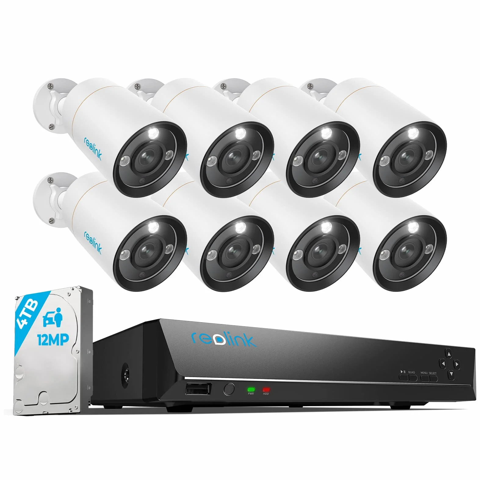 Reolink 12MP System kamer PoE, 8szt 12MP H.265 Kamery zewnętrzne kuloodporne, detekcja osób/pojazdów, 2-kierunkowa komunikacja, oświetlenie, 16CH NVR z 4TB HDD, nagrywanie 24/7, RLK16-1200B8-A