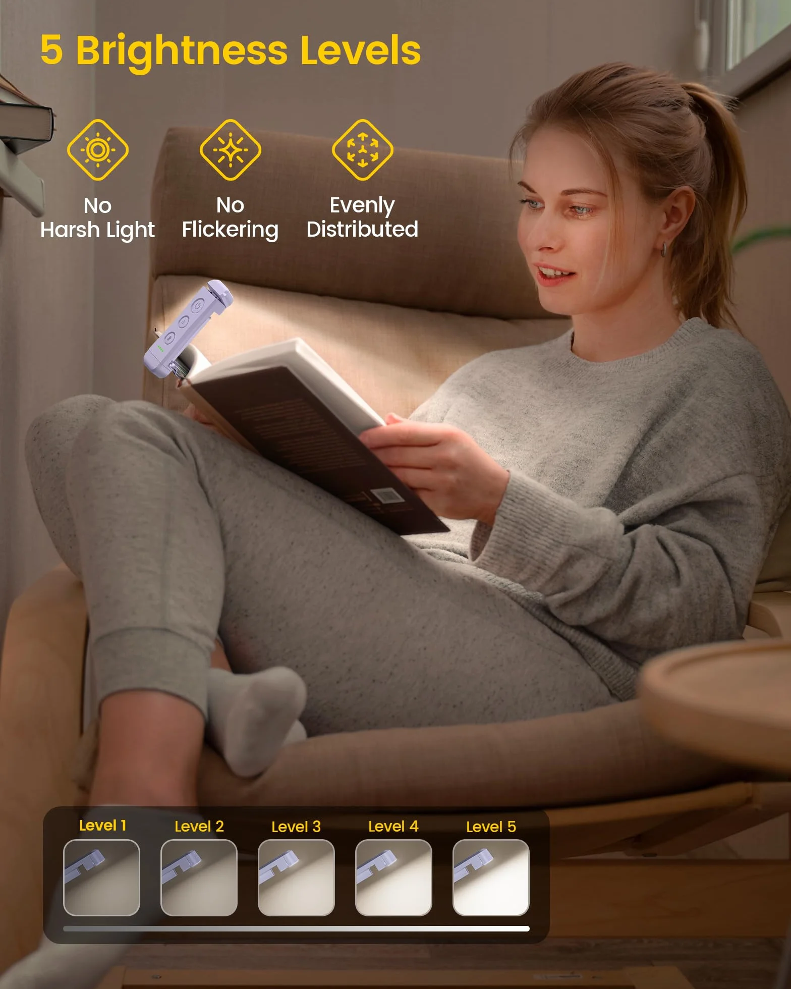 Glocusent USB Rechargeable Book Light, Eye Caring Reading Light Clip on Book, 3 kolory i 5 jasności ściemniania, przenośna i elastyczna, długotrwała do 80 godzin (fioletowy)