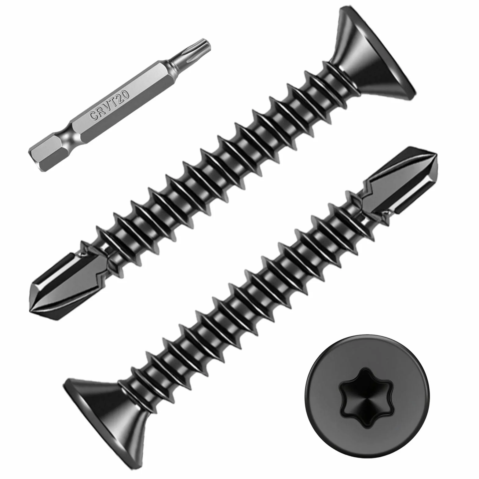 100 sztuk wkrętów Torx, wkręty samowiercące, z łbem stożkowym, M4, 2 x 38 mm, samowiercące się wkręty ze stali nierdzewnej, 410, czarne, do metalowych, asortyment 1 bitów TX20