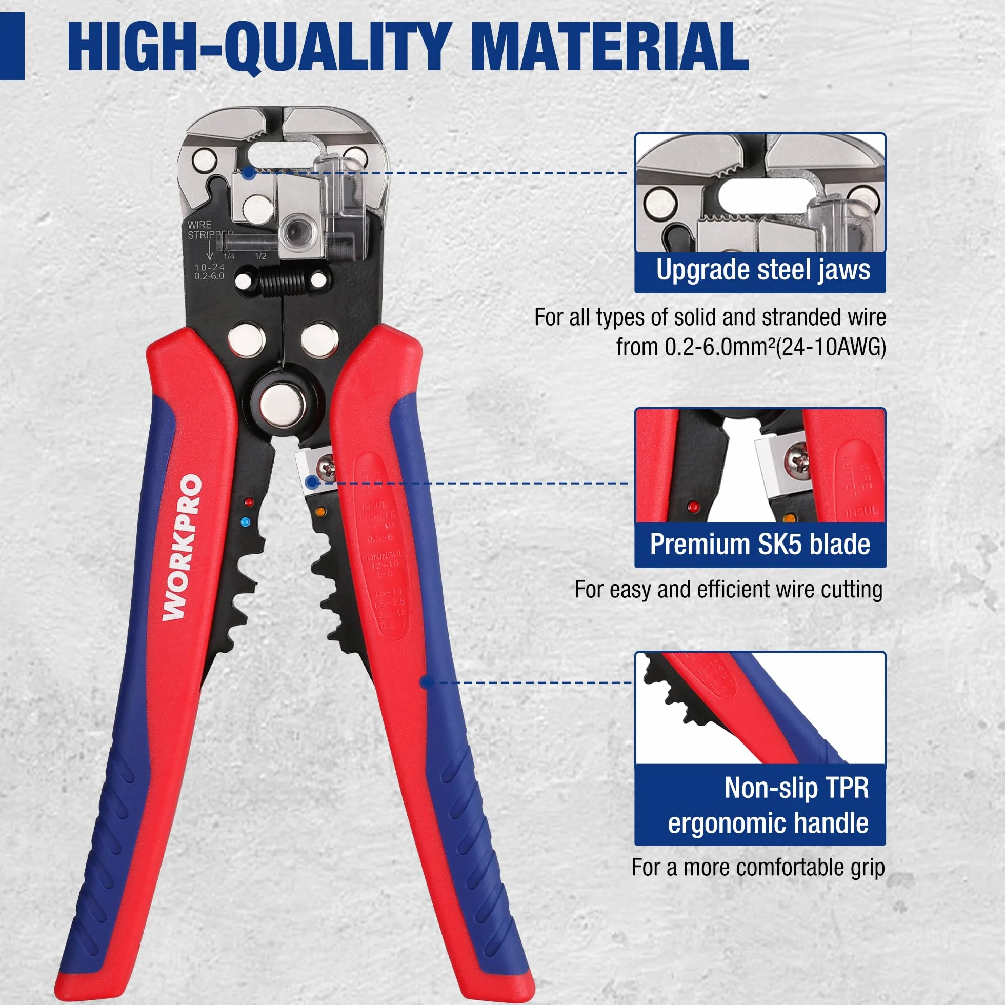 WORKPRO Pince à Dénuder Automatique 200mm 3 en 1 AWG 24-10 (0,2~6,0mm²)