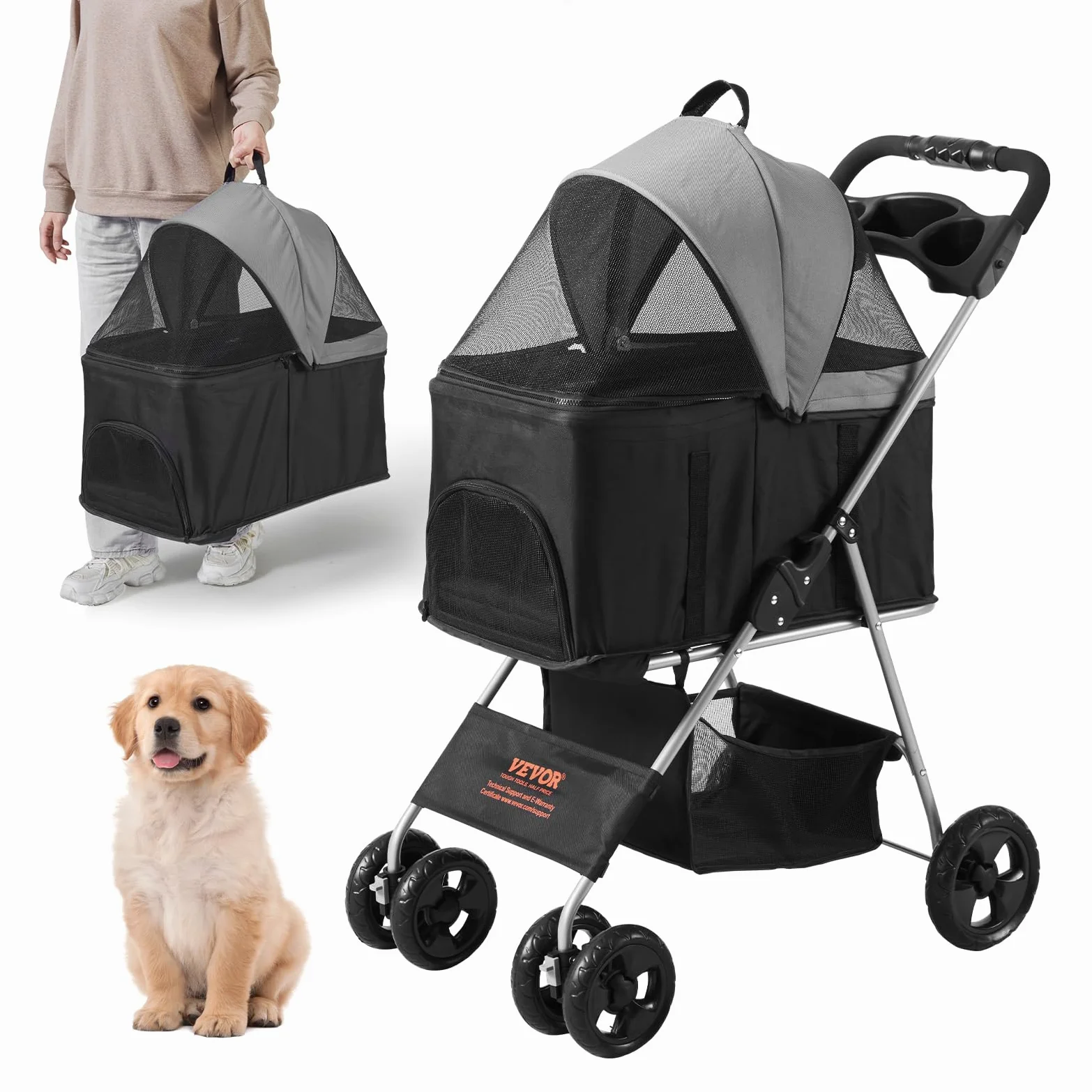 VEVOR Wózek dla zwierząt domowych, 4 kółka, obracany z hamulcami, nośność 15,9 kg, z odpinanym nosidełkiem, koszem i uchwytem na kubek