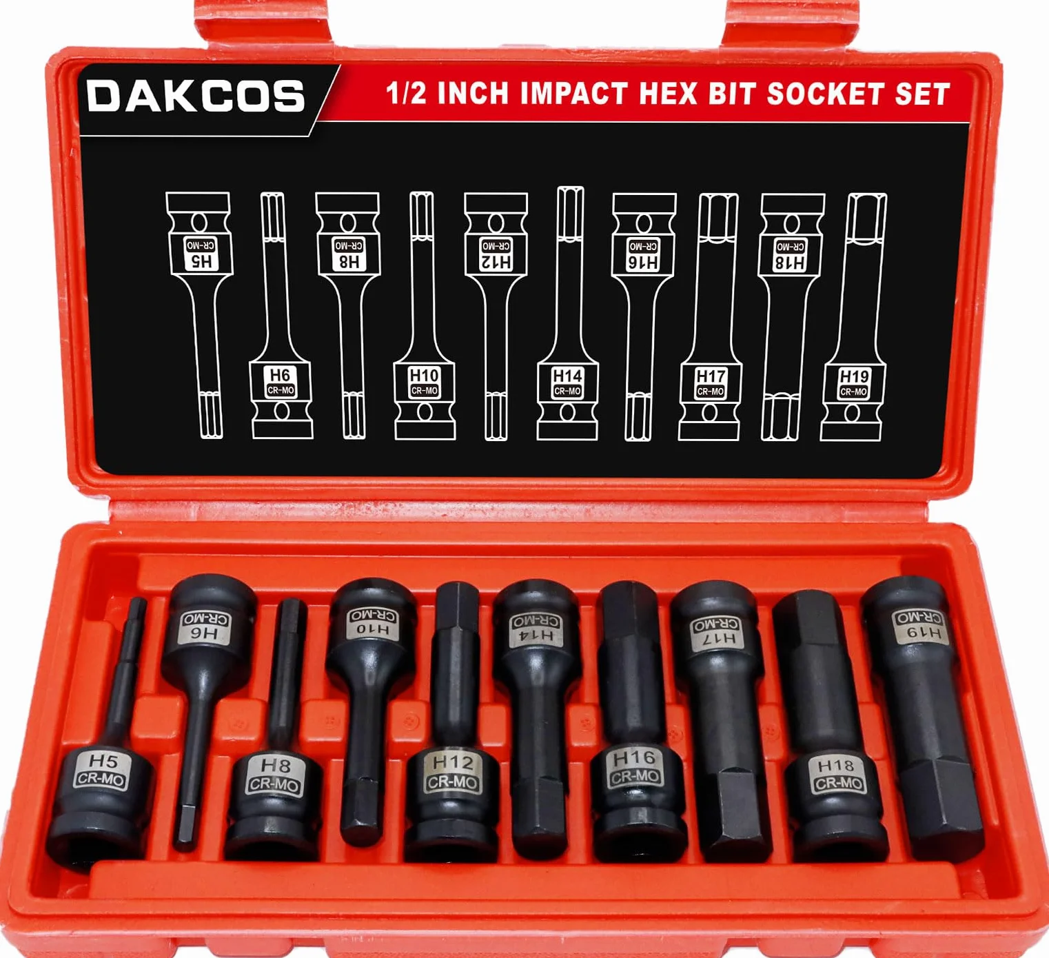 DAKCOS Kraft zestaw nasadek udarowych 1/2" 5-19 mm 10-częściowy CR-MO