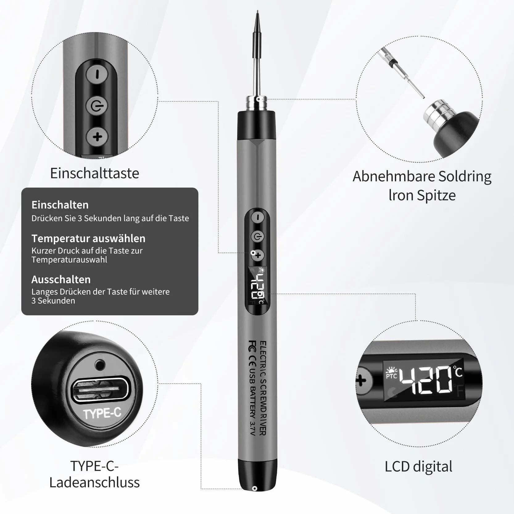 Bezprzewodowy zestaw do lutowania z regulacją temperatury 330-450°C, USB, LCD, 3 groty