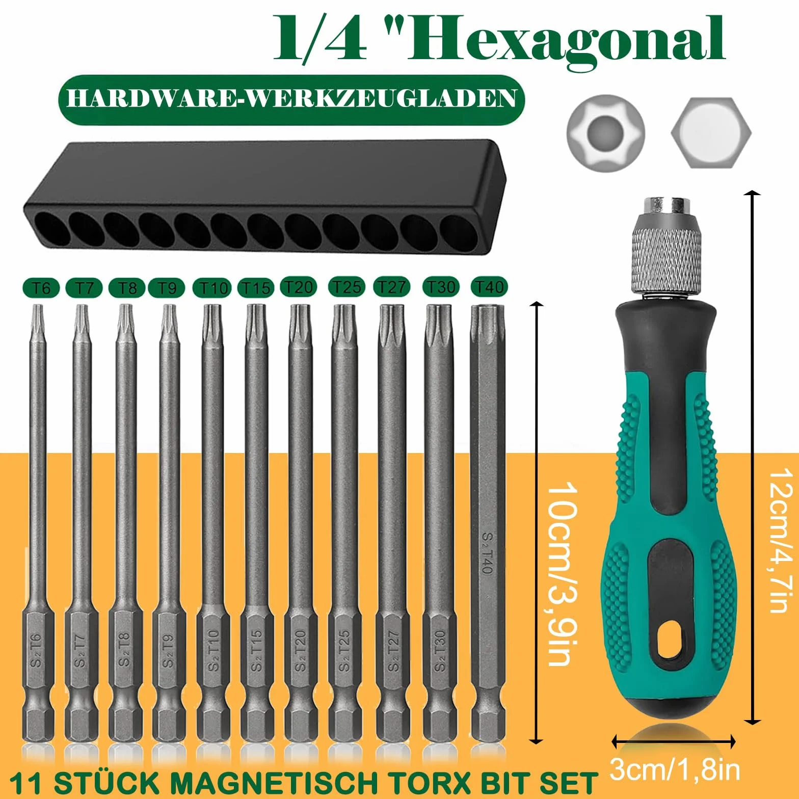 13-częściowy zestaw wkrętaków Torx, bit wkrętakowy 1/4 cala (6,35 mm) 100 mm, magnetyczny wkrętak Torx Star z głowicą z otworem, zestaw bitów elektrycznych S2, T6-T40 do wkrętarek akumulatorowych