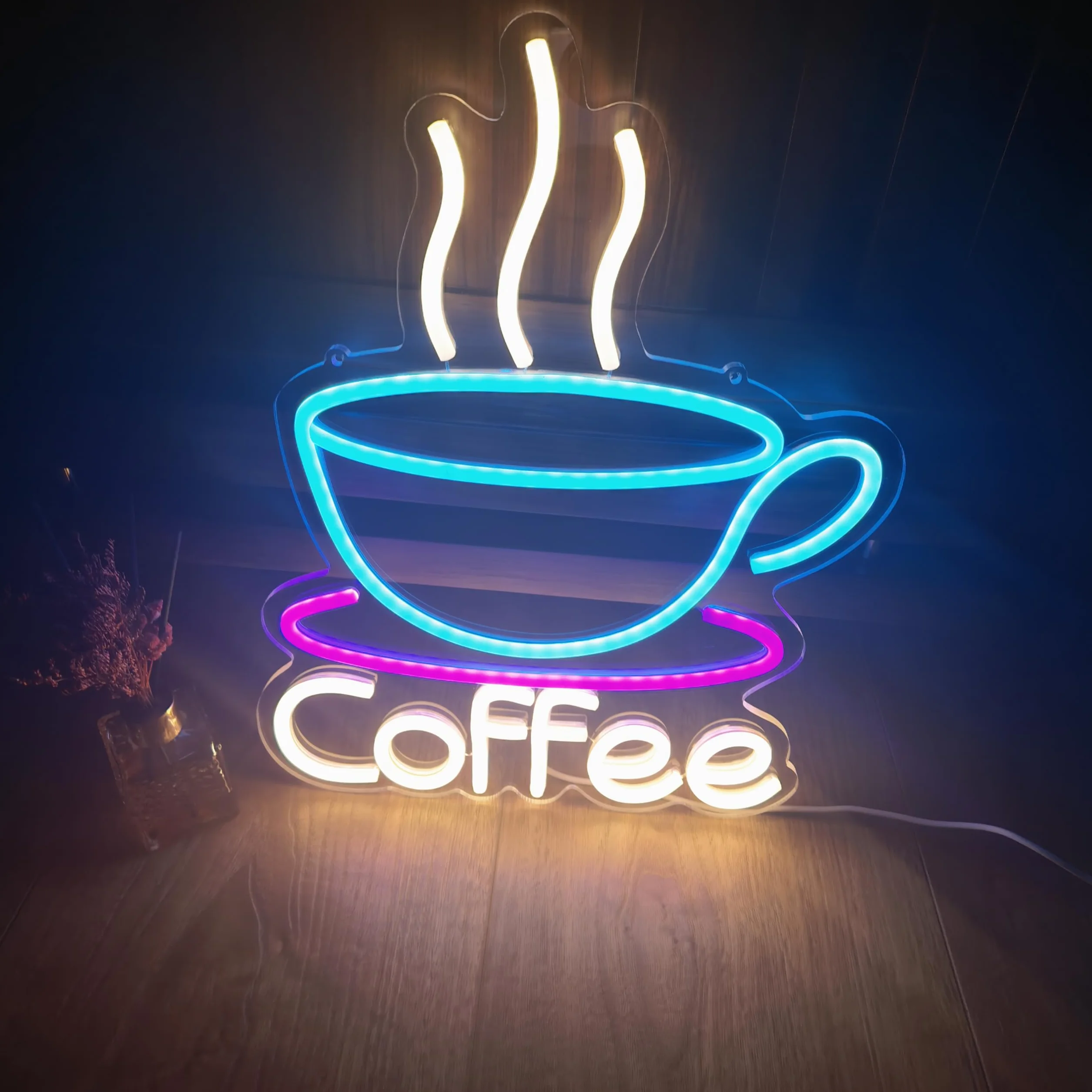 Neonowy znak LED na kubek do kawy, 5 V, zasilany przez USB, akrylowy neon z przełącznikiem ściemniania i łańcuszkiem do zawieszenia, do kawy, kawiarni, baru, na imprezę, do salonu, na prezent