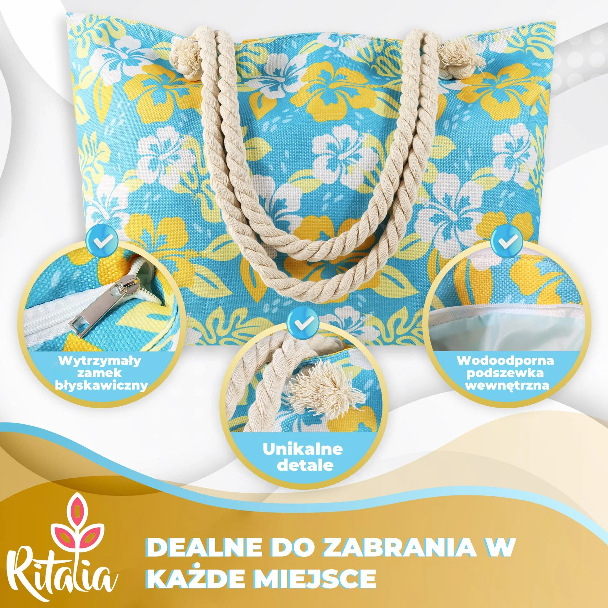 Ritalia® Duża torba plażowa XXL dla rodzin | Damskie torby plażowe i torba na basen | Wodoodporna torba plażowa z zamkiem błyskawicznym | Damski kosz plażowy | Rodzinny worek plażowy