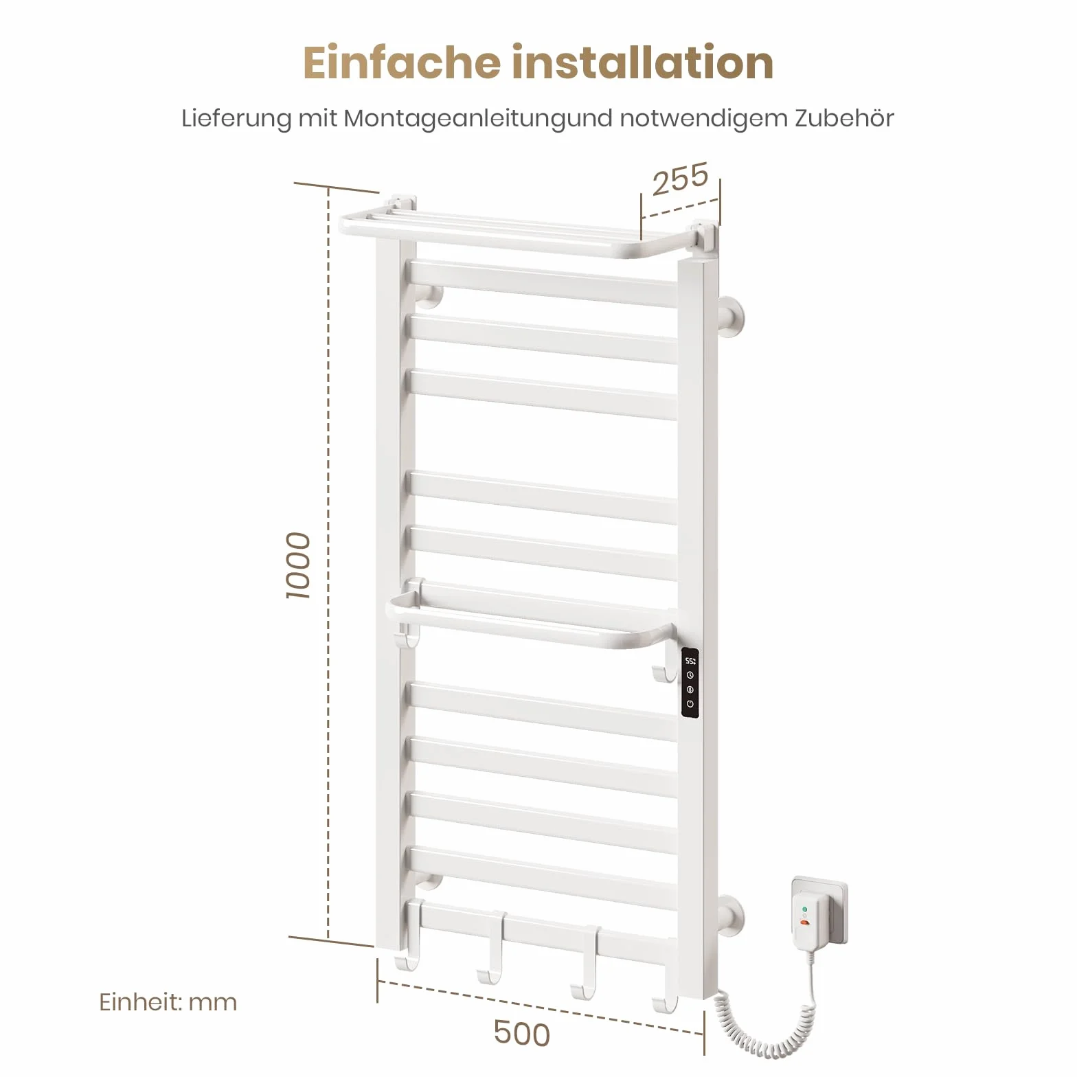 EMKE Elektryczny grzejnik łazienkowy 1000 x 500 mm inteligentny stałej temperaturze z półką Right