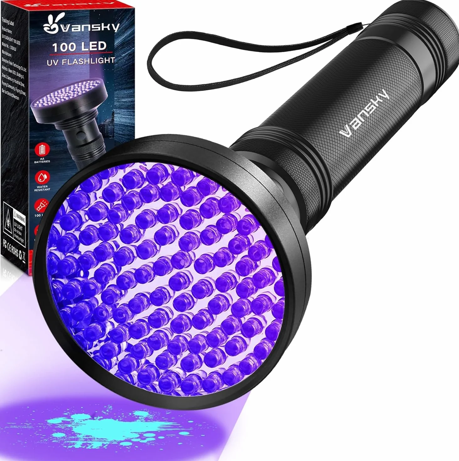 Vansky Lampka UV, czarne światło, 100 LED UV, latarka 395 nm, niebieskie światło, suche, koty, psy, zwierzęta domowe, detektor moczu