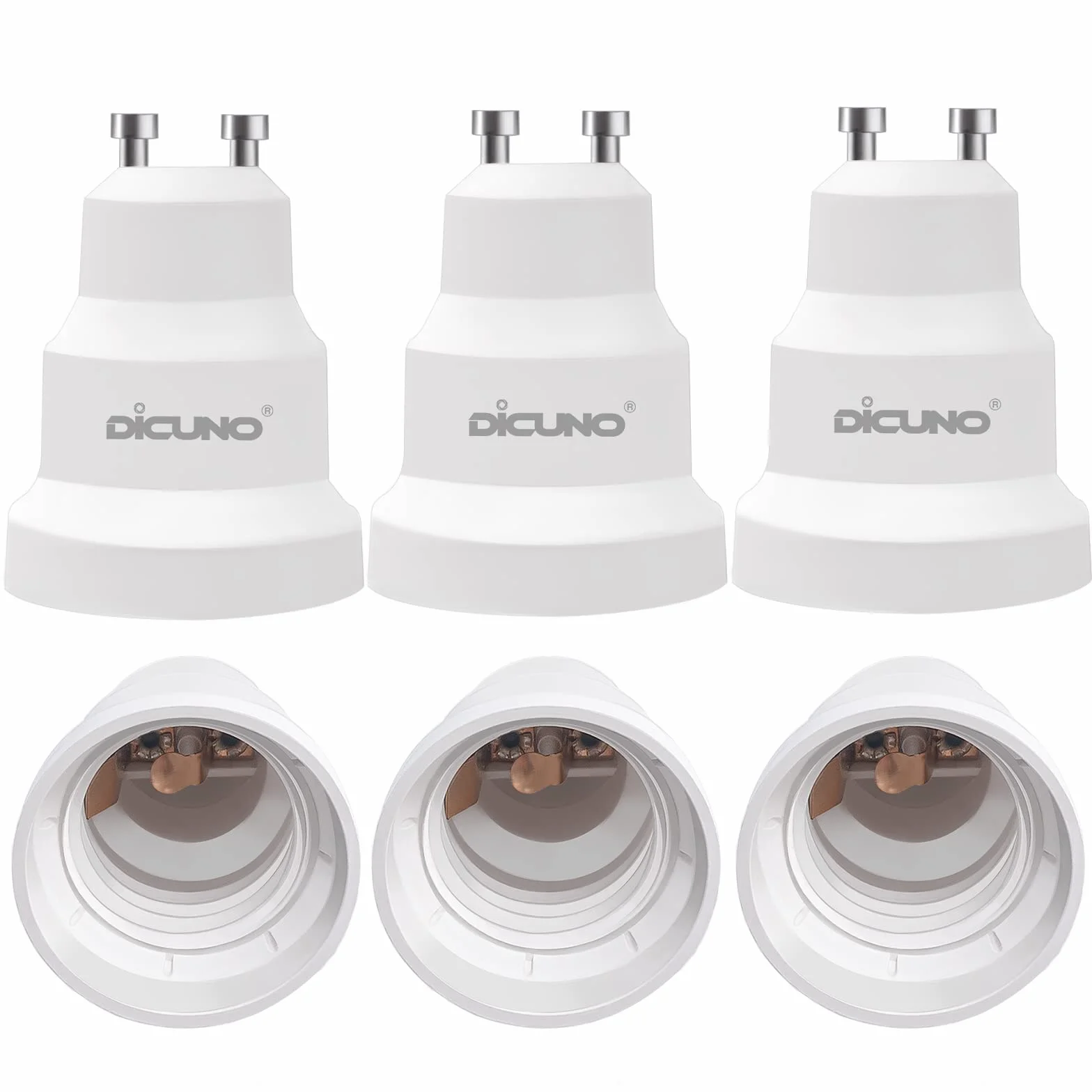 DiCUNO GU10 do E27 adapter gwintu lampy, konwerter GU10 do E27 do lampy LED/żaru/halogenu/CFL, 60 W, 250 V, maks. odporność na ciepło 125°, 6 sztuk