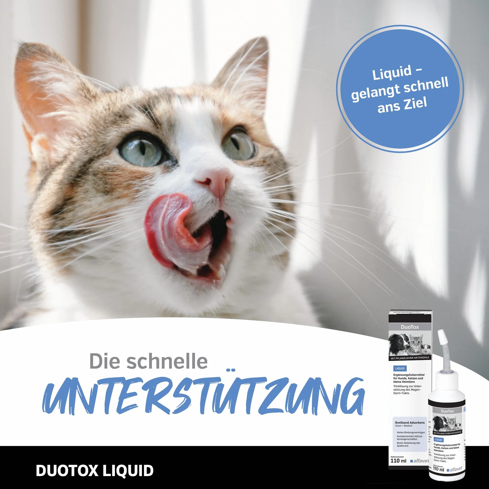 Alfavet DuoTox Liquid - ostra, suplement diety z węglem roślinnym i bentonitem, do wspomagania przewodu pokarmowego psów, kotów, małych zwierząt domowych, z nakładką aplikacyjną 110 ml