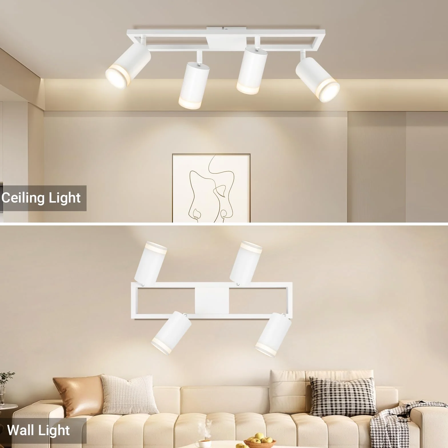 Lampa sufitowa LED z 4 punktami, nowoczesne podwójne obrotowe lampy sufitowe GU10, białe oświetlenie sufitowe do kuchni, sypialni, salonu, przedpokoju, jadalni, bez żarówek