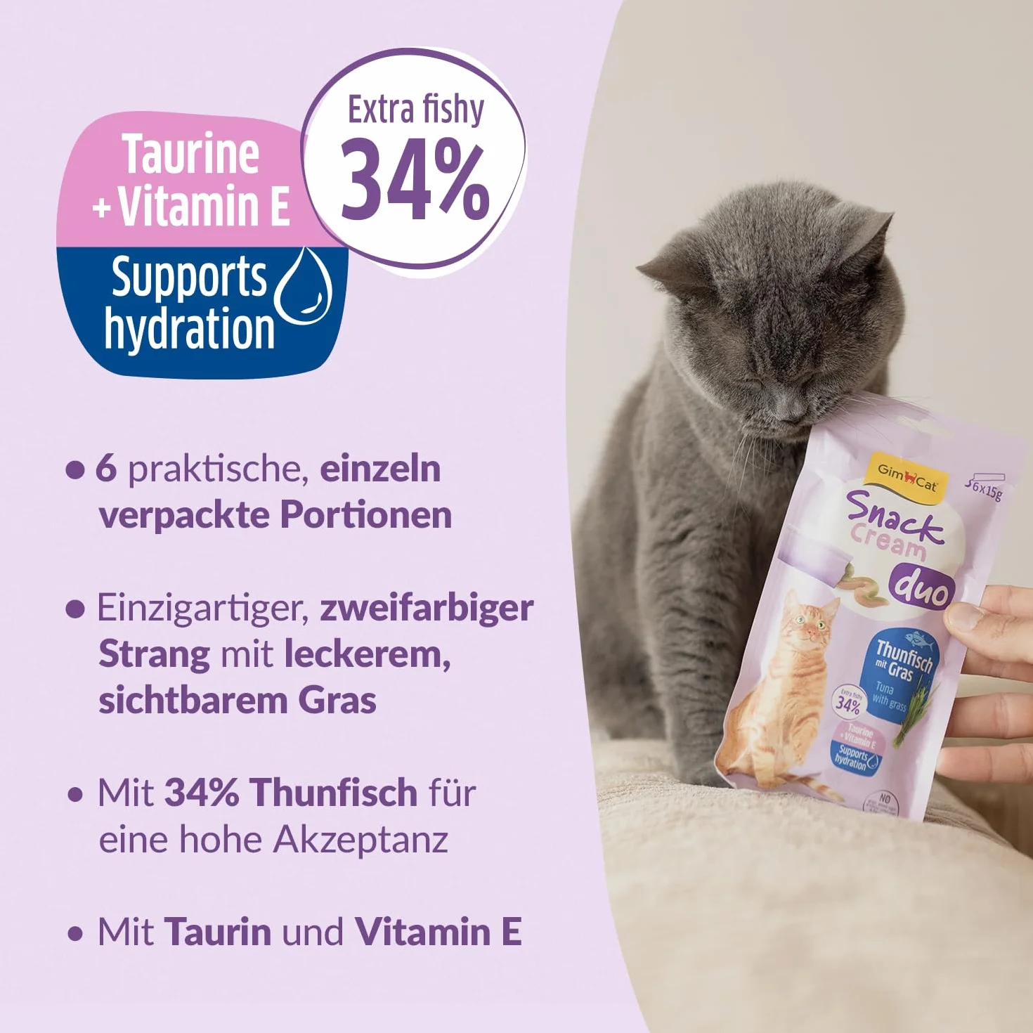 GimCat Snack Cream Duo Tuńczyk i trawa – pyszny krem na przekąski dla kotów w praktycznych, pojedynczo zapakowanych porcjach – 6 sztuk (6 x 15 g)