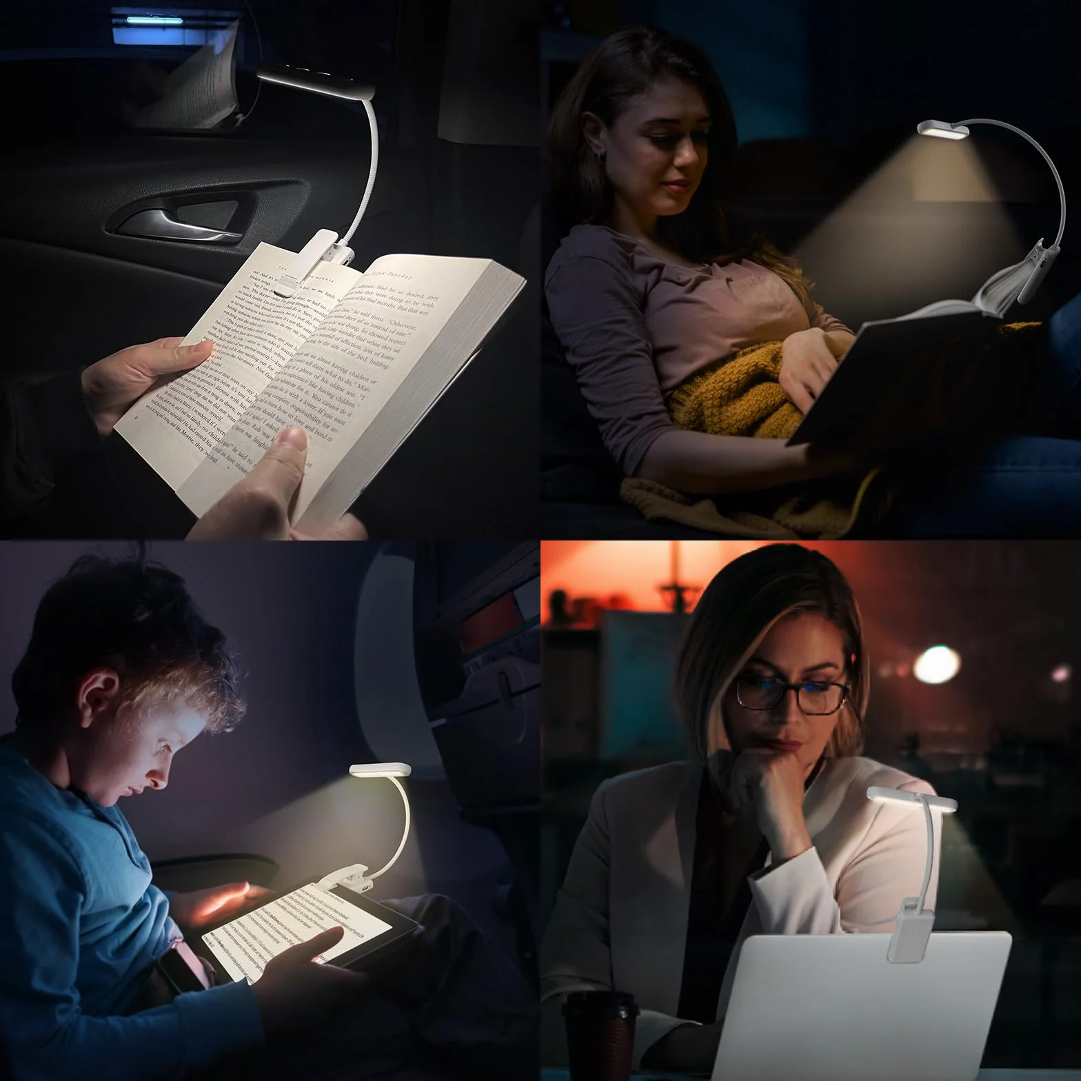 Lampka do czytania książek USB C z zaciskiem, 3 kolory, 10 poziomów jasności, elastyczna