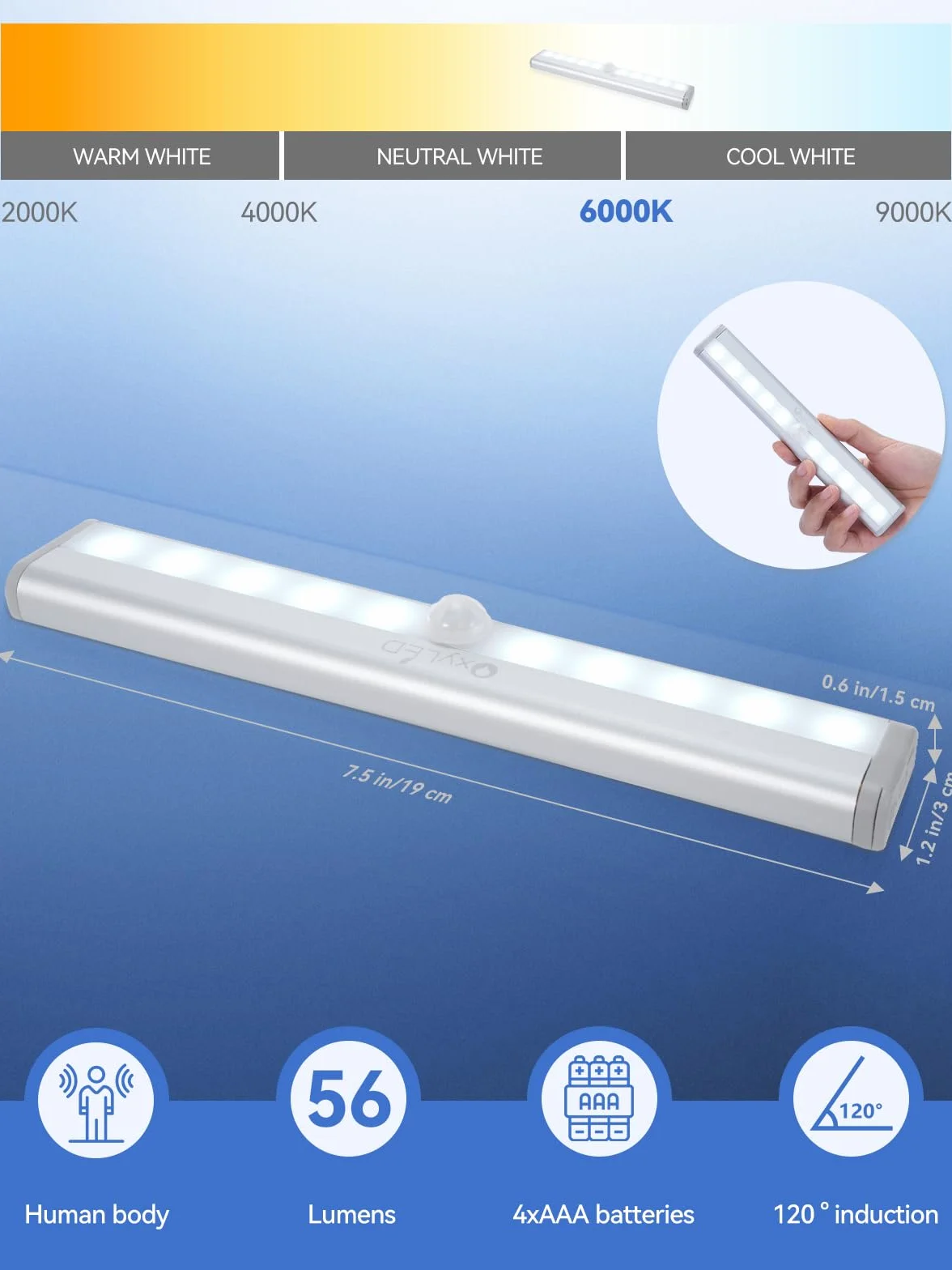 OxyLED Lampka do Szafy z Czujnikiem Ruchu, 4 Sztuki, LED, Oświetlenie Wnętrz, z Paskiem Magnetycznym, Automatyczne Włączanie/Wyłączanie
