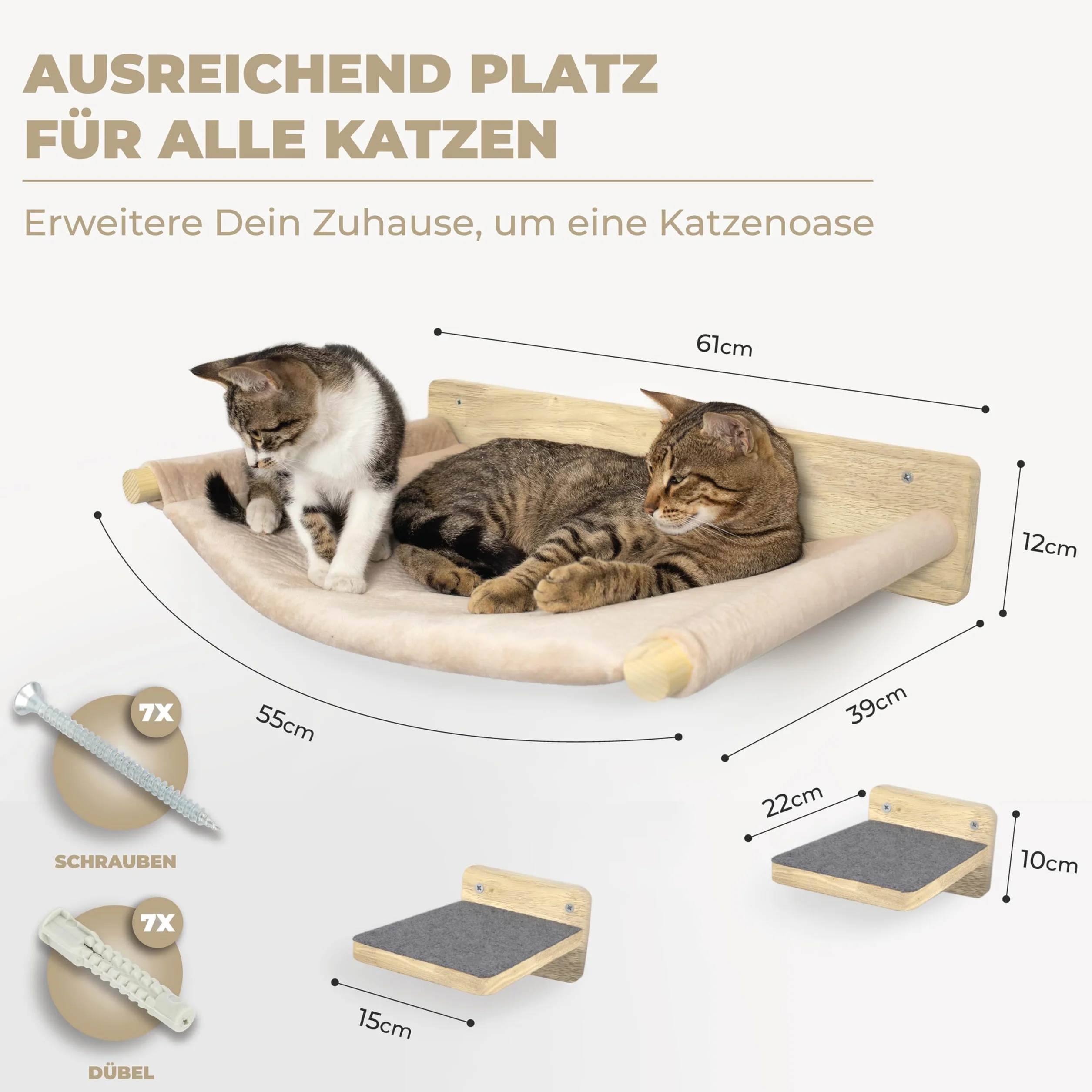 WOOWOOD® Ścianka wspinaczkowa dla kotów - 2 x Schodki ścienne dla kota [Pełne drewno] - Drzewko do wspinaczki na ścianie - Koci hamak - Ścianka do wspinaczki - Meble dla kotów - Ścianka dla kotów