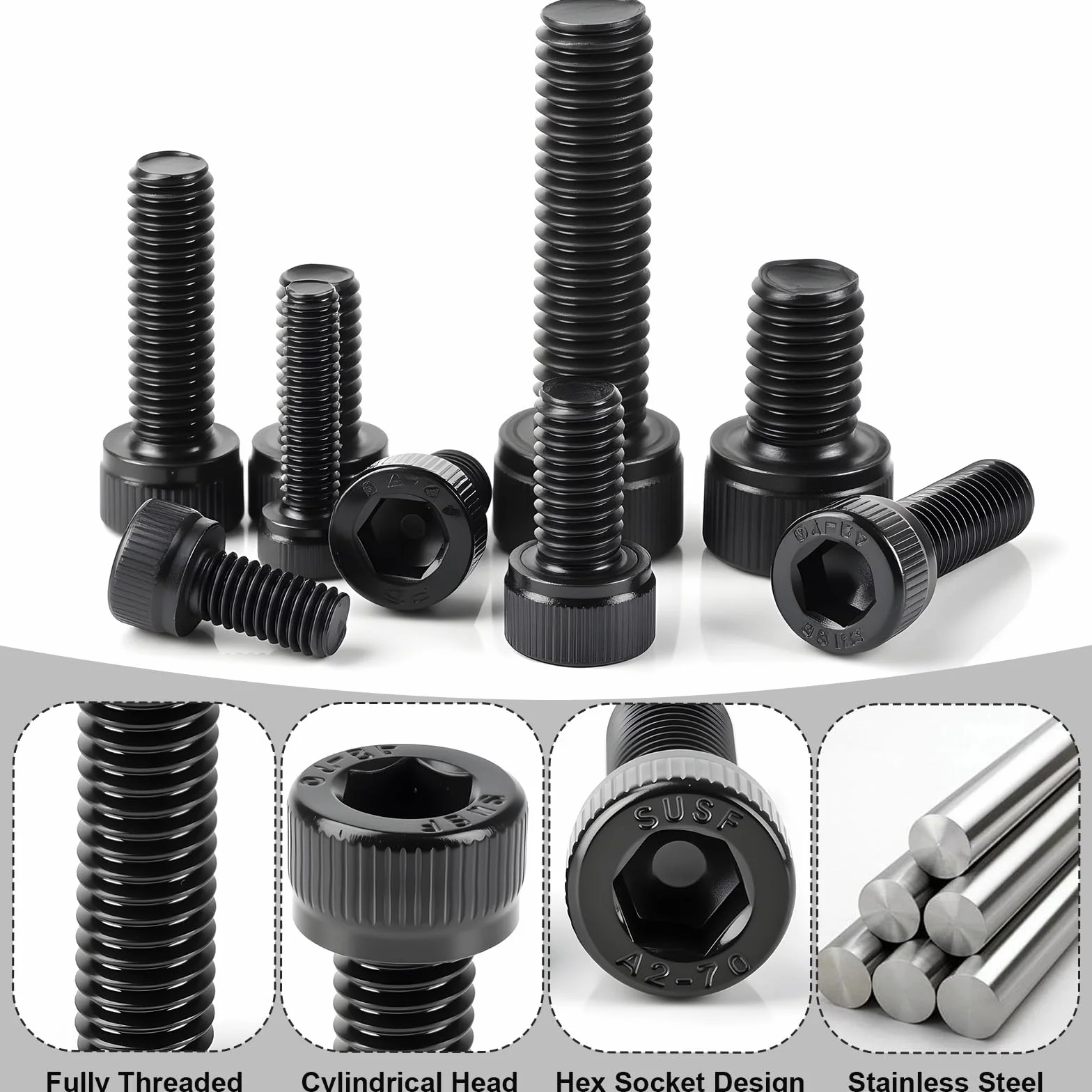 Śruby cylindryczne M5 x 16 mm z gniazdem sześciokątnym, czarne, stal nierdzewna, A2 V2A, śruby z łbem cylindrycznym DIN 912, śruby z pełnym gwintem z kluczem płaskim, do maszyn samochodowych i
