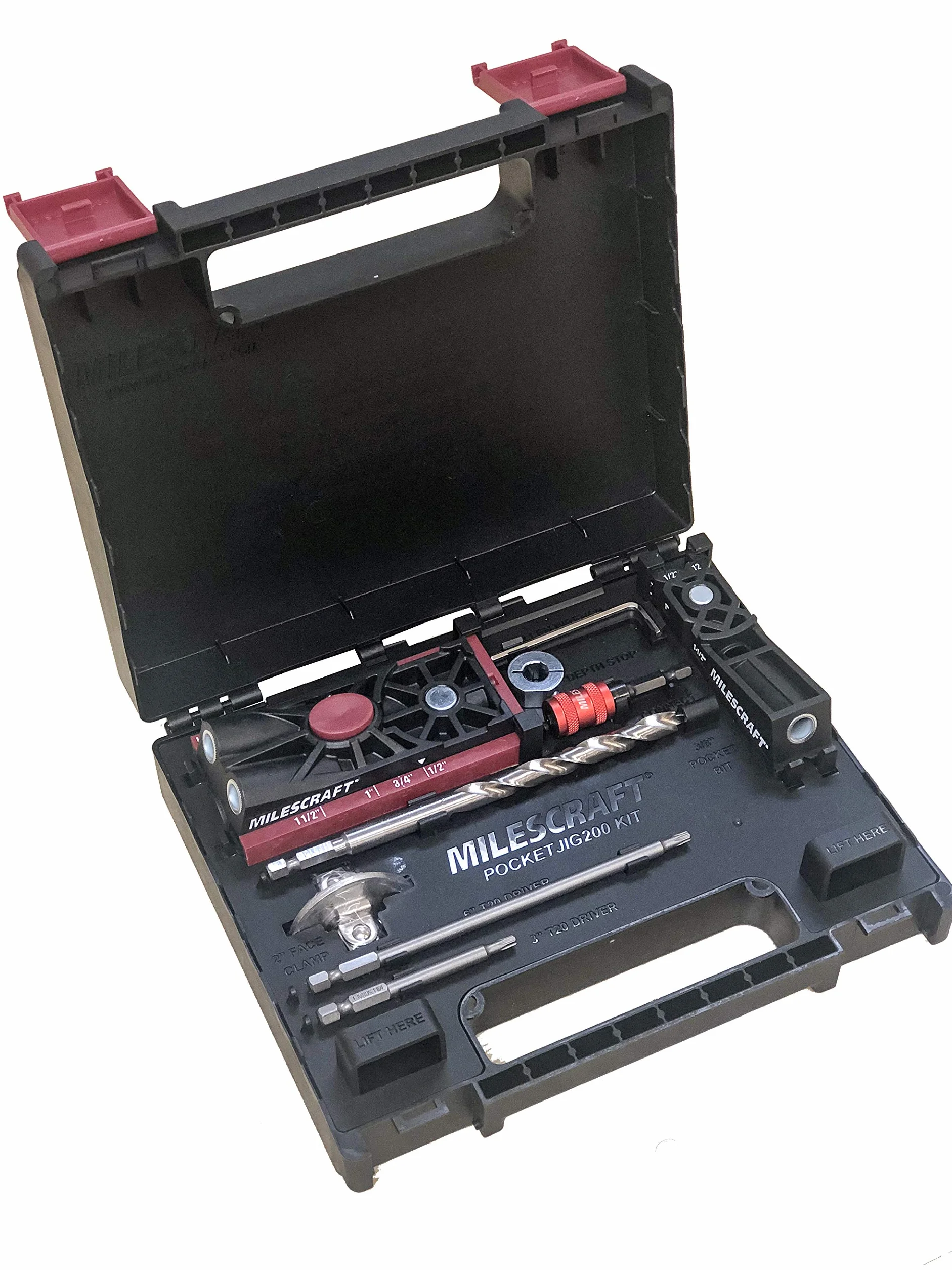Milescraft 7336 kieszonkowy Jig 200XCJ – zestaw otworów kieszonkowych z podwójnym otworem kieszonkowym, pojedynczym otworem kieszonkowym, zaciskiem czołowym 5 cm i akcesoriami potrzebnymi do każdego