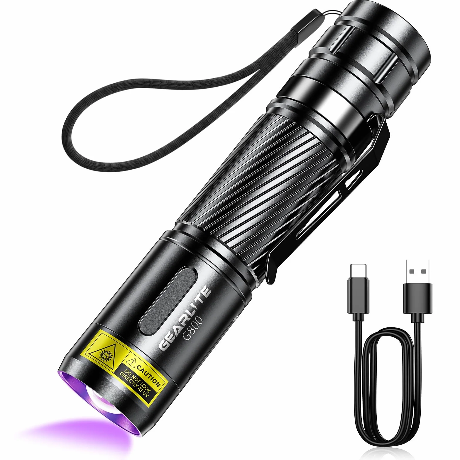 GEARLITE Latarka LED UV do ponownego ładowania, lekka mini lampa UV, światło ultrafioletowe o długości 395 nm, wytrzymała, wodoodporna, do poszukiwania bursztynów, geocachingu, detektorów zwierząt