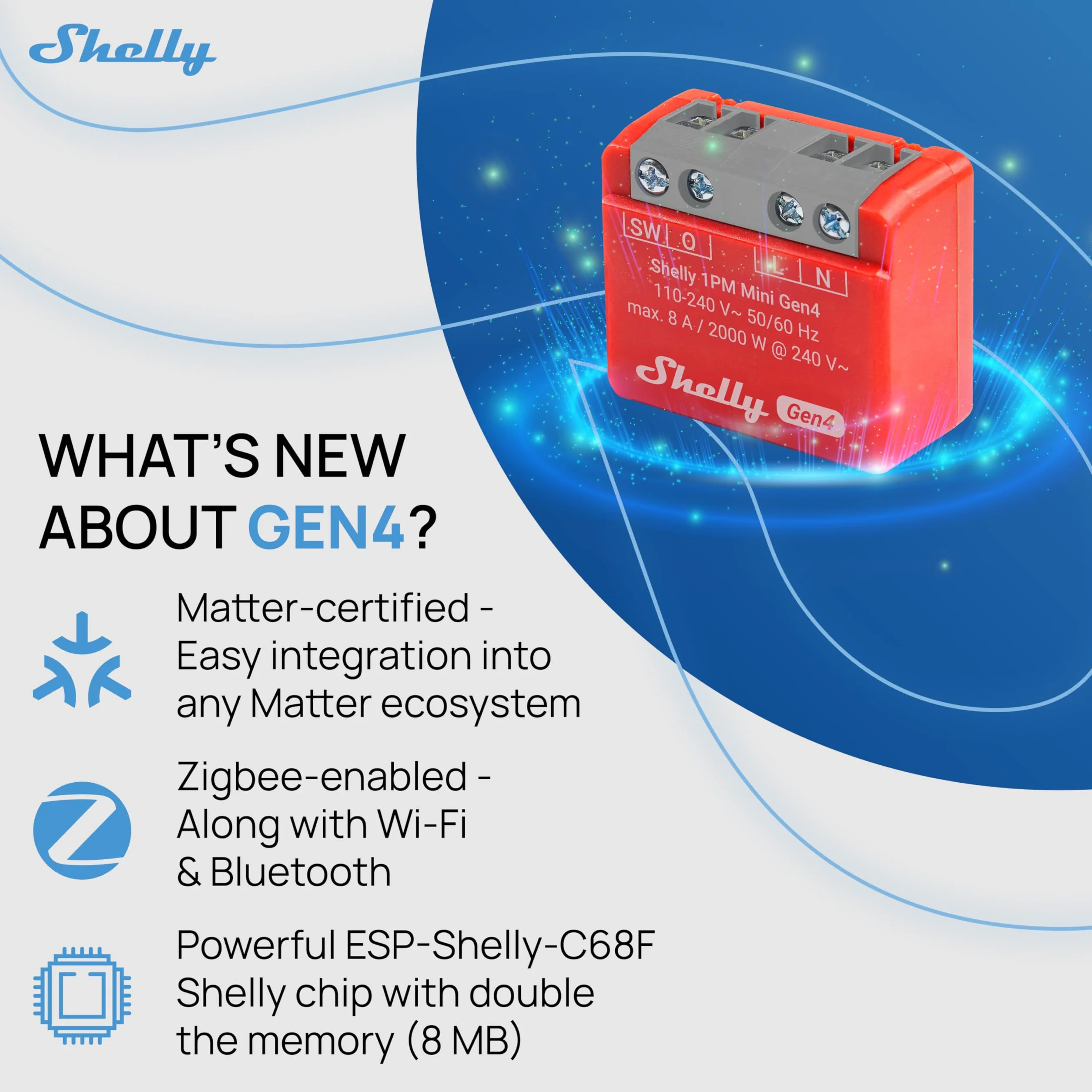 Shelly 1PM Mini Gen4 - Inteligentny przełącznik przekaźnikowy z Bluetooth i Zigbee, 1 kanał, 8 A, pomiar mocy, automatyka domowa, zdalne sterowanie, bez koncentratora, Alexa i Google