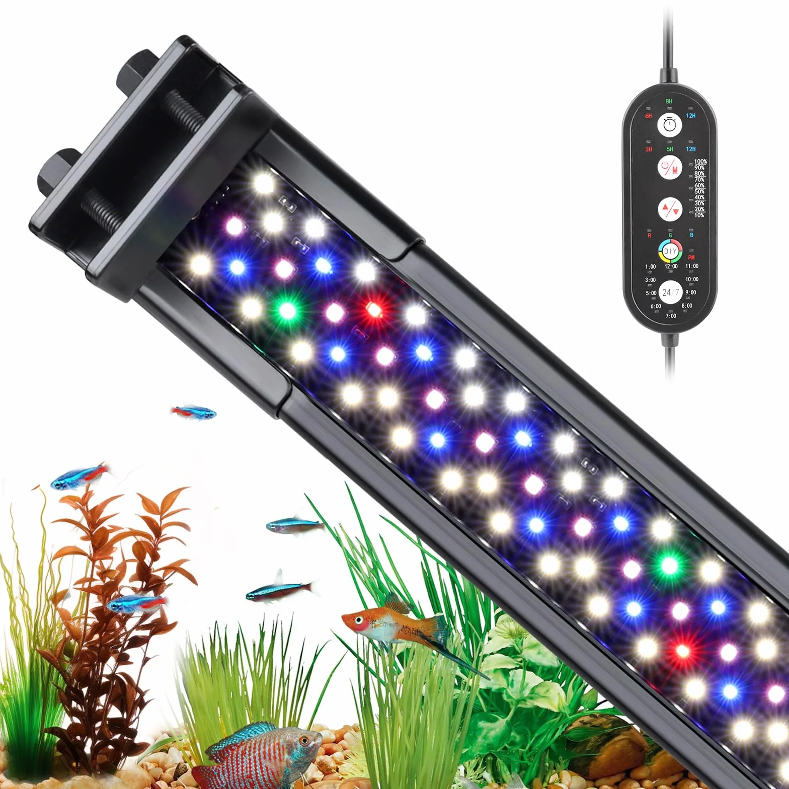 hygger Oświetlenie akwarium, oświetlenie akwarium 24 W 24/7 LED do zbiornika roślin 60-72 cm, pełne spektrum światło zbiornika rybnego z monitorem, 10 kolorów, regulowany timer, 3 tryby