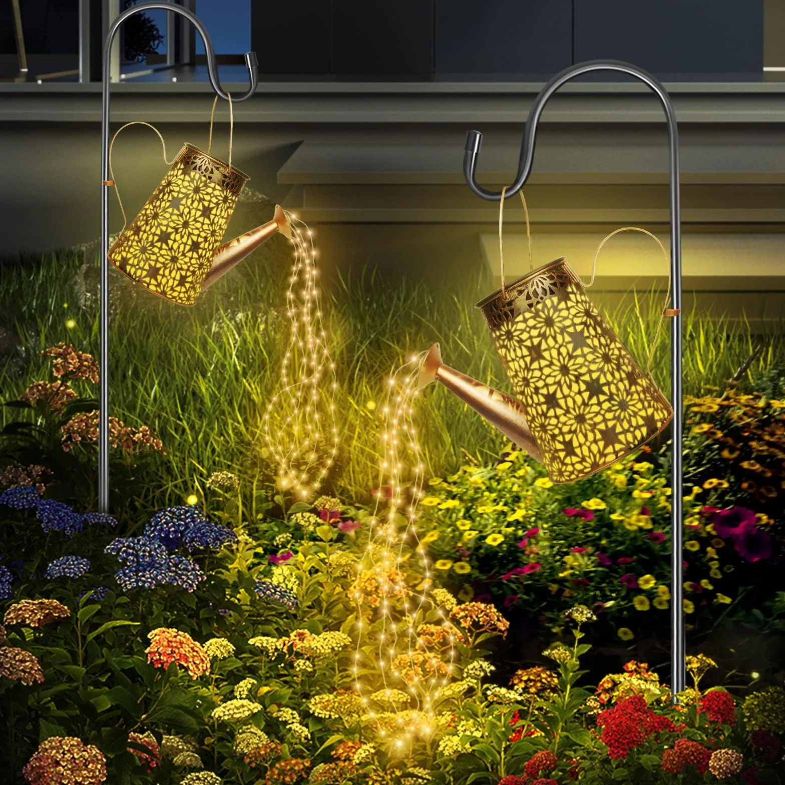 HELESIN Lampy solarne z łańcuchem świetlnym, konewka Fairy Garden Light (2 sztuki), solarna konewka LED z łańcuchem świetlnym na zewnątrz, do ogrodu, na patio, doniczkę i trawnik (z 2 stojakami)