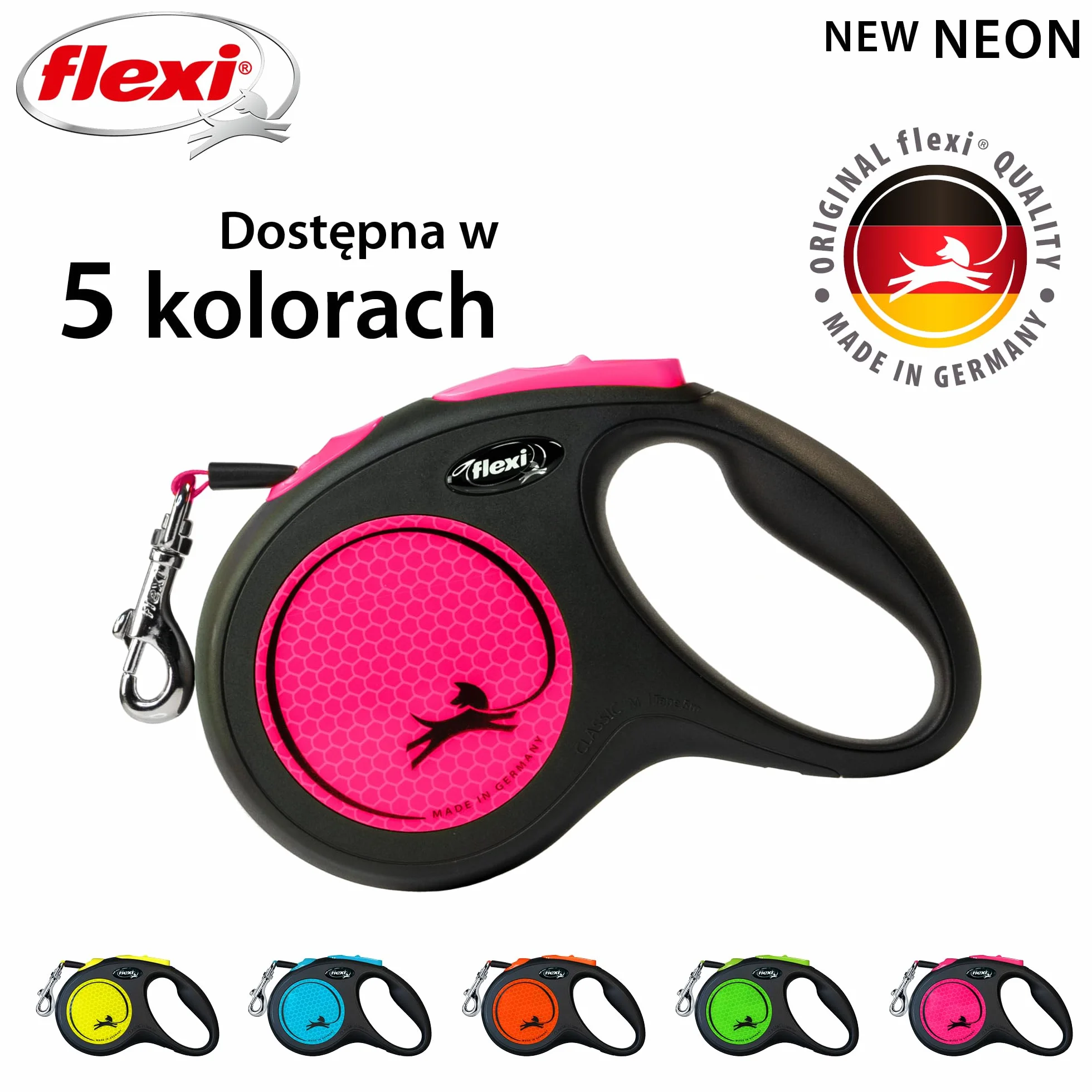 Flexi Nowa neonowa taśma różowa średnia 5 m chowana smycz dla psa/smycz dla psów do 25 kg