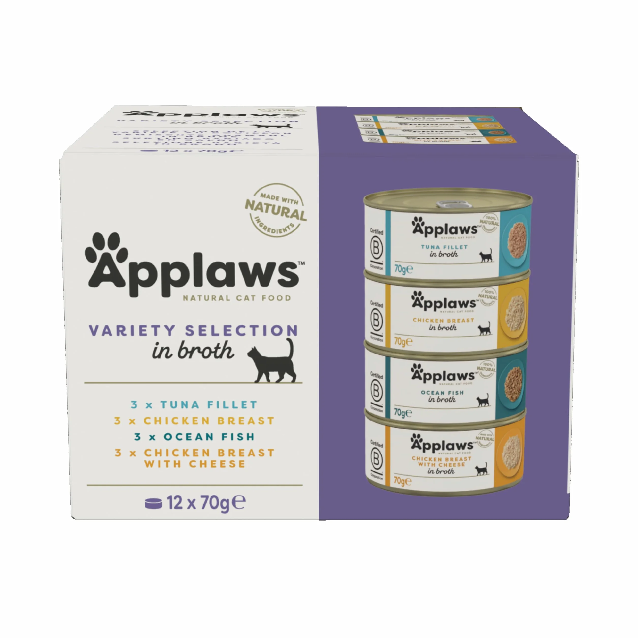 Applaws 100% naturalna mokra karma dla kotów, opakowanie zbiorcze ryb i kurczaka do wyboru w bulionie, 12 x 70 g