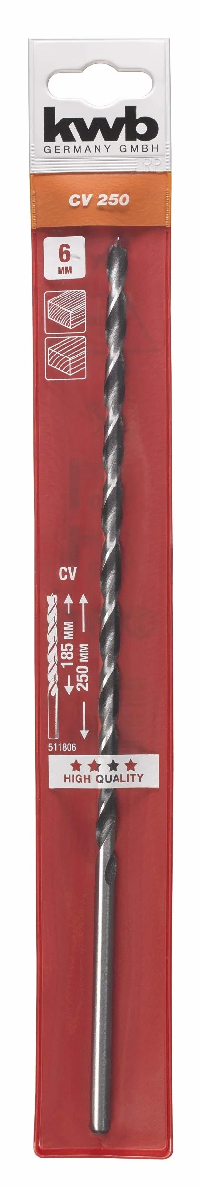 kwb Wiertło belkowe Ø 6 mm x 250 mm przemysłowe, długie, 1-fazowy kształt spiralny