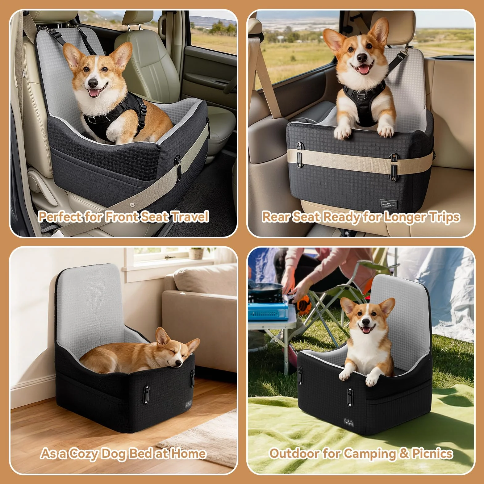 PETSFIT Podwyższony fotelik samochodowy dla małych/średnich psów o wadze do 15 kg – 15 cm, podwyższona poduszka obserwacyjna, smycz bezpieczeństwa 700N, antypoślizgowa podstawa, nadająca się do prania
