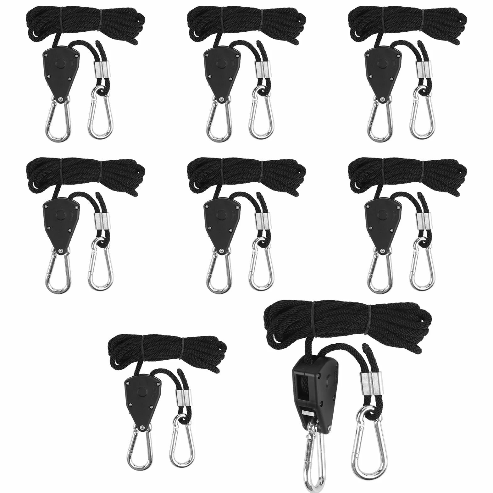 LALAGO 8 Stück Ratchet Hanger,Einstellbare Seil Seilhaken Ratsche Seilratsche 2M,1/8 Zoll Seilaufhänger Seilzugratsche Ratschenseil für Pflanzenventilator Licht Zimmerpflanzen