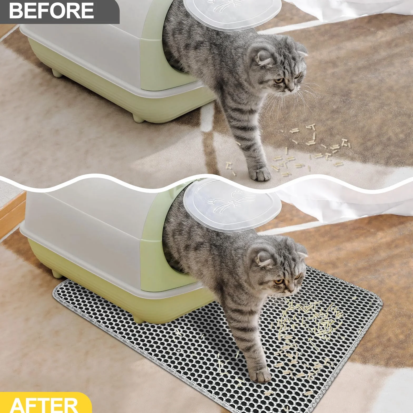 Katzenklo Matte 60x45 CM mit Klettverschluss und Großes Loch Design, Katzenstreu Matte Doppelte Wasserdichte und Rutschfeste, Katzenmatte Katzenklo Ungiftiges Material, Cat Litter Mat Grau
