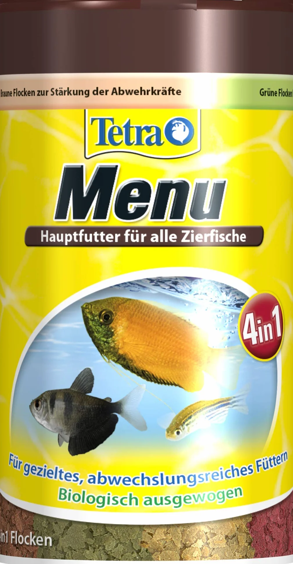 Tetra Min Menu karma dla ryb – główna mieszanka pokarmu z 4 specjalnymi płatkami w oddzielnych komorach, urozmaicona karma dla wszystkich ryb ozdobnych, puszka 100 ml