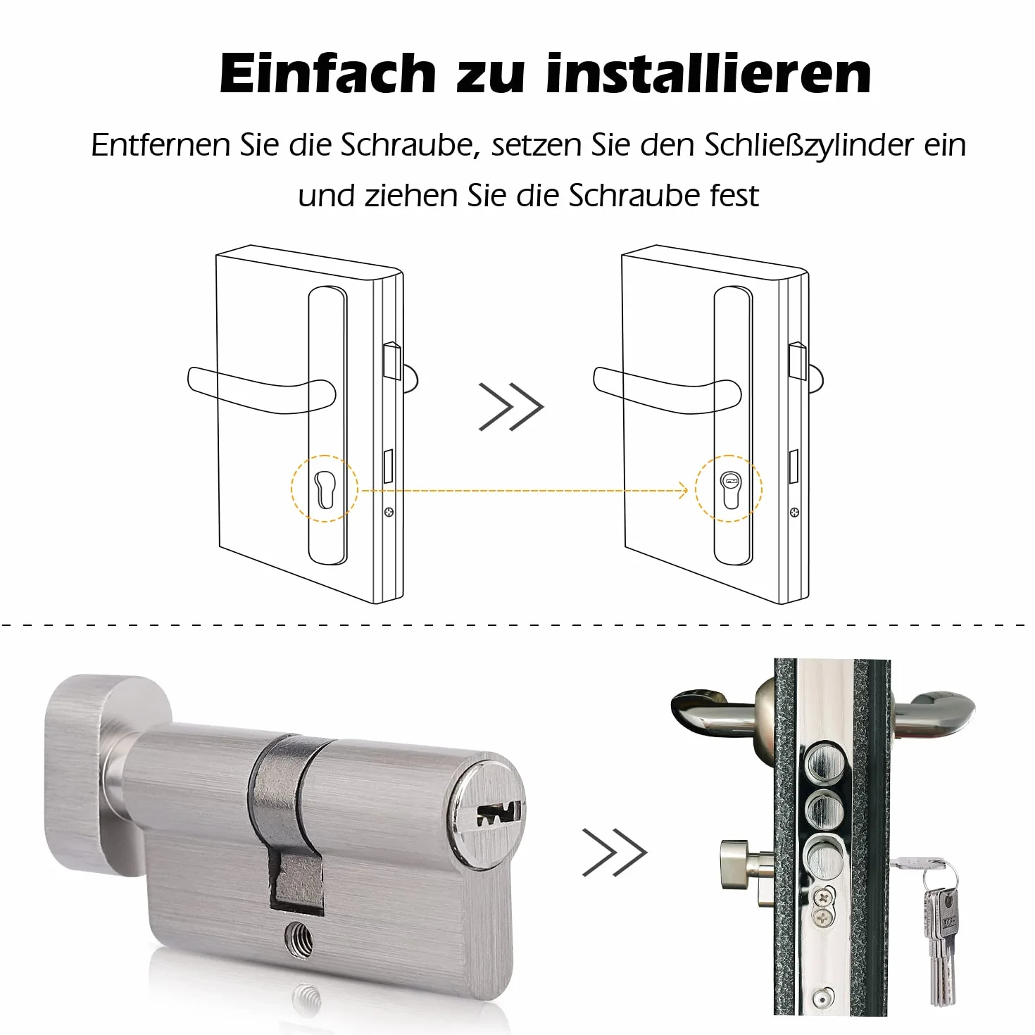 Cylinder zamykający z gałką, 30/30 z 5 kluczami mosiężnymi, cylinder zamykający z mosiądzu, profilowany cylinder z gałką, klucz dwustronny, zamek bębenkowy, akcesoria zapasowe, zamek