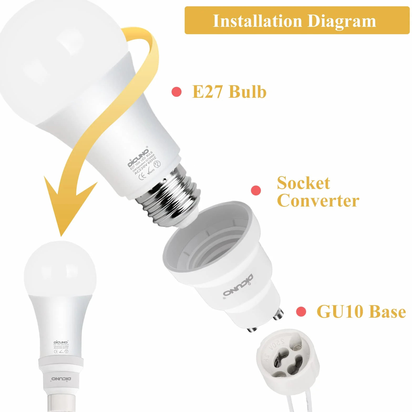 DiCUNO GU10 do E27 adapter gwintu lampy, konwerter GU10 do E27 do lampy LED/żaru/halogenu/CFL, 60 W, 250 V, maks. odporność na ciepło 125°, 6 sztuk
