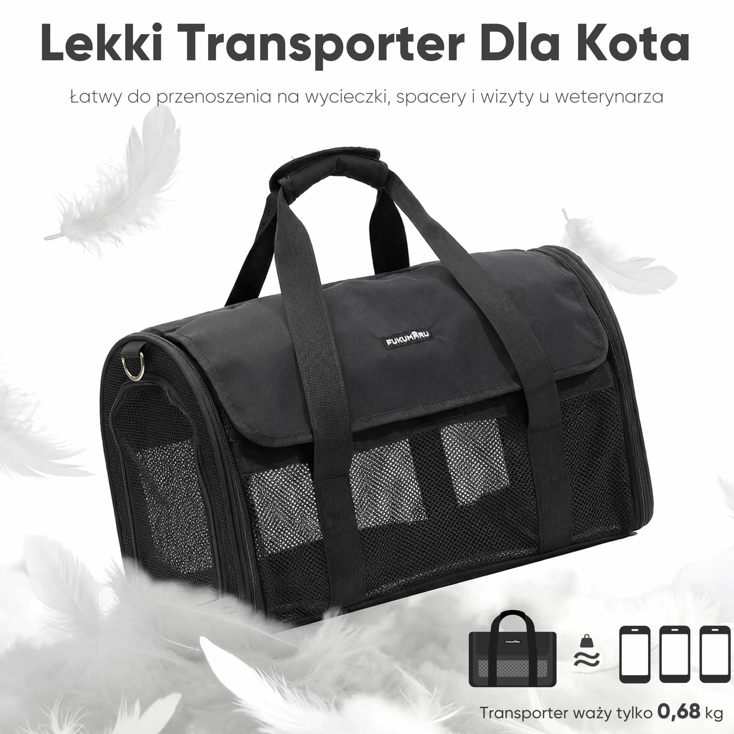FUKUMARU Transporter dla Kota i Małego Psa, Lekki i Oddychający, 46x28x28 cm, Zatwierdzony do Lotu w Kabinie, Składany, Miękki, Siatka Odporna na Zadrapania, Czarny
