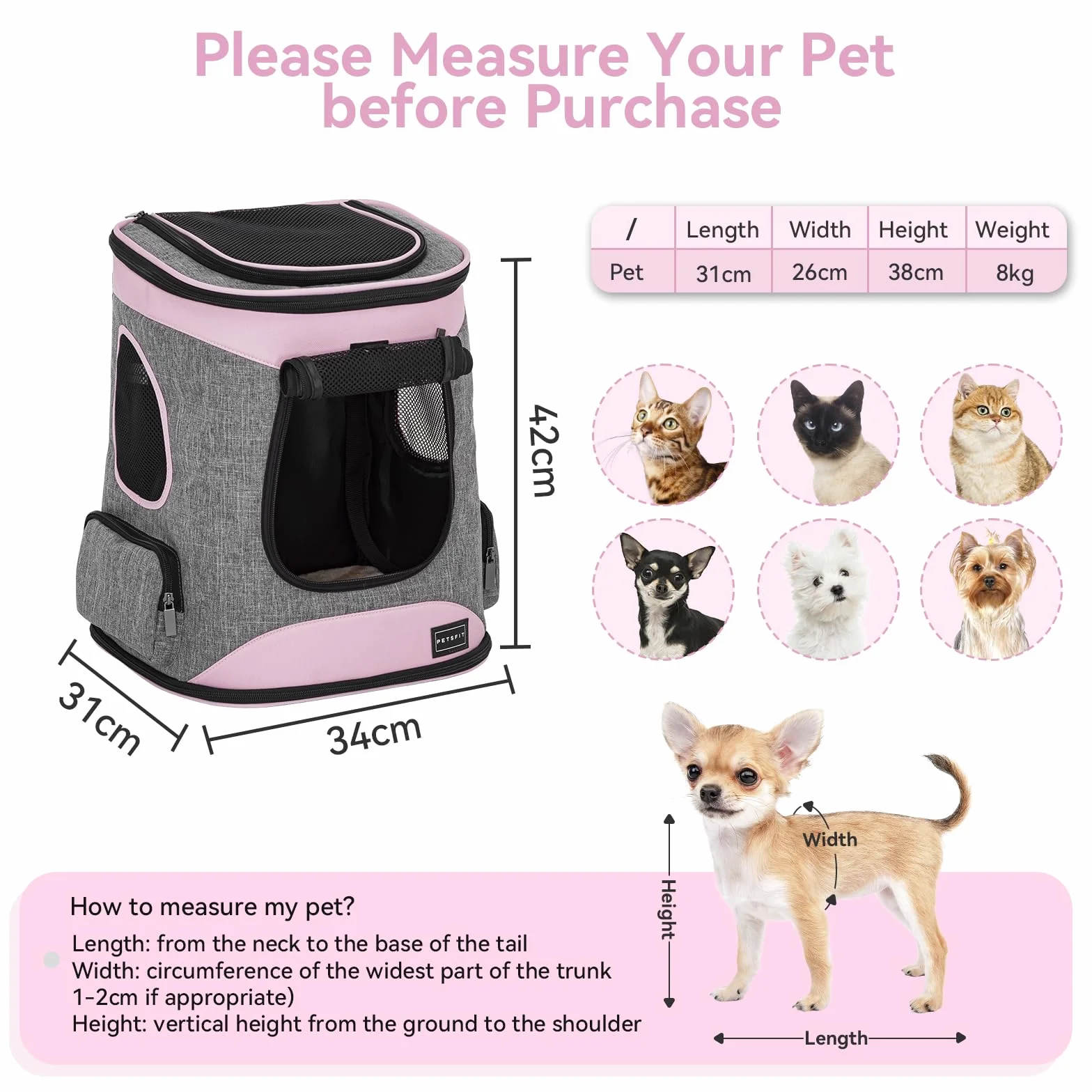 Petsfit plecak dla psów i kotów, składany plecak dla psa z wewnętrznym pasem bezpieczeństwa, przenośny, torba do noszenia
