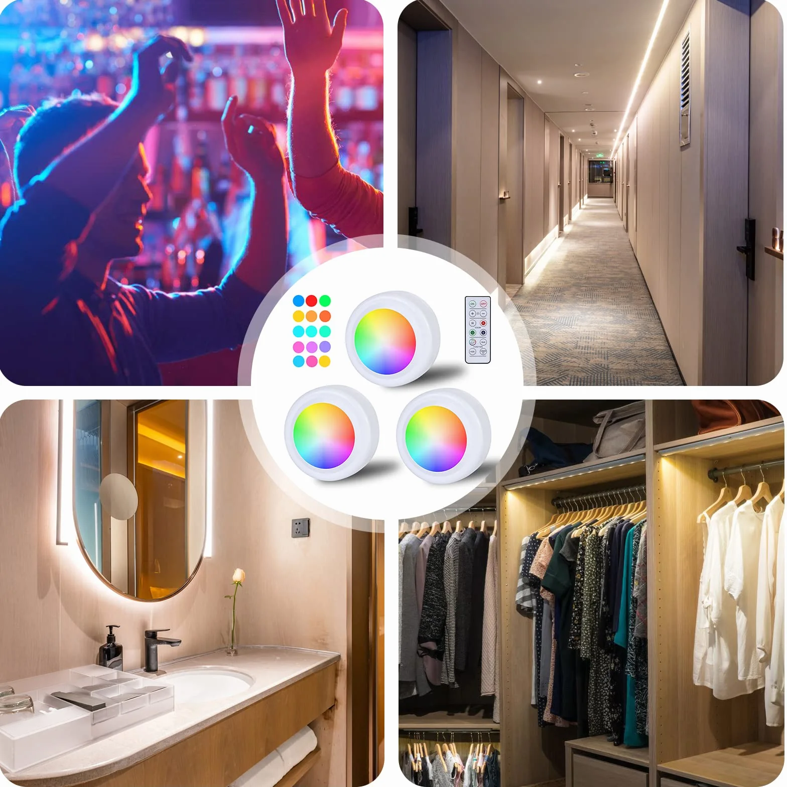 Reflektory LED RGB zasilane bateriami z pilotem zdalnego sterowania, 16 zmieniających się kolorów, oświetlenie szafy, możliwość ściemniania, oświetlenie witryny, bezprzewodowa, dotykowa lampa LED,